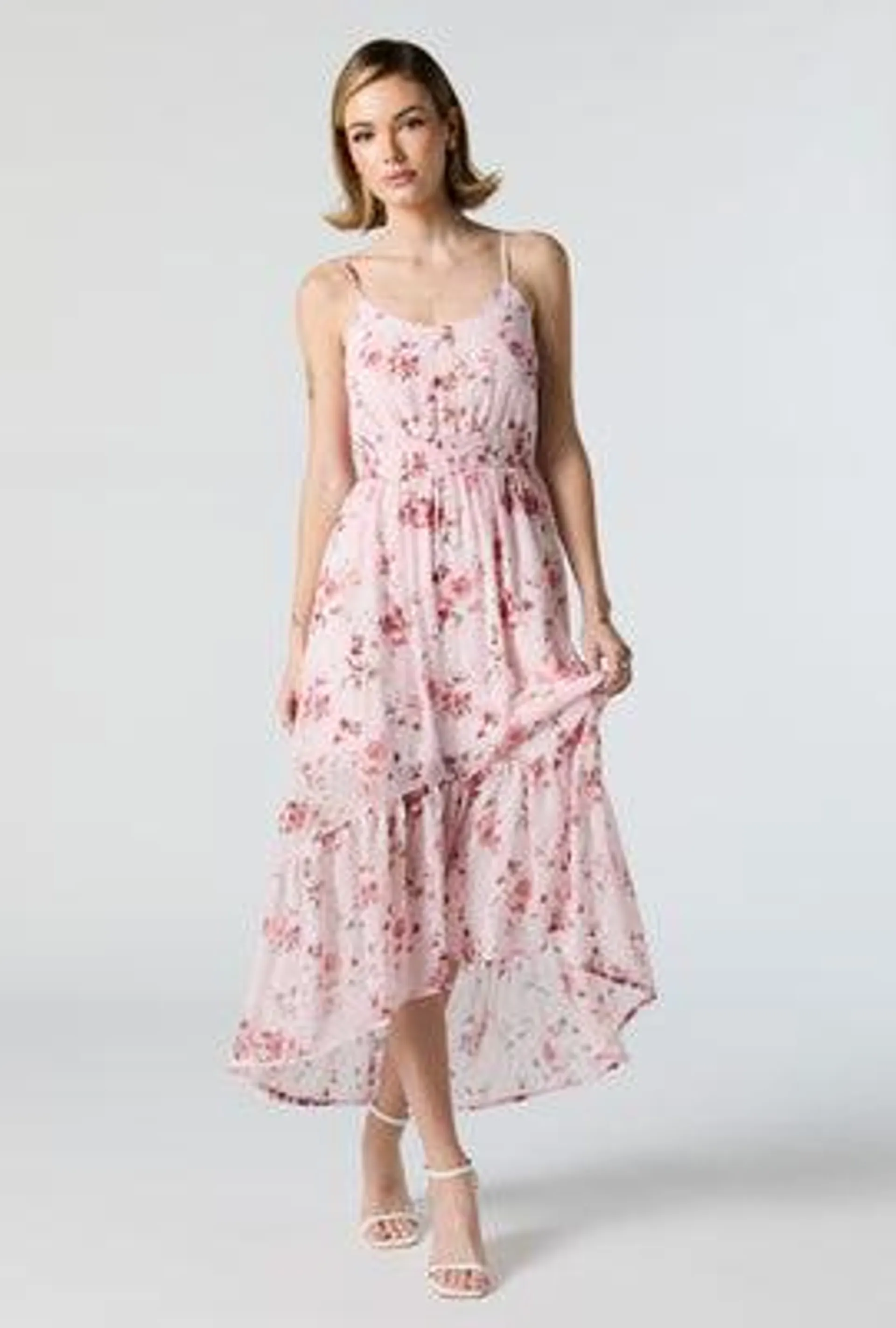 Rose Floral Chiffon High Low Midi Dress