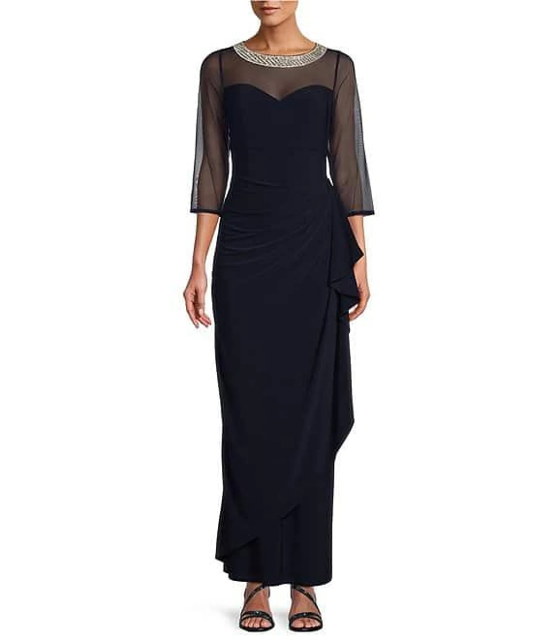 Illusion Mesh 3/4 Sleeve Round Neck Side Slit Ruched Gown