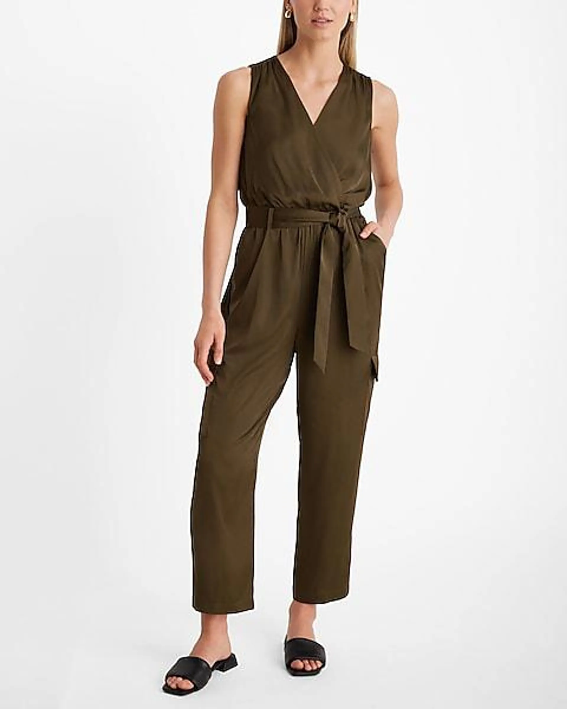 Satin Sleeveless Surplice Tie Waist Cargo Jumpsuit