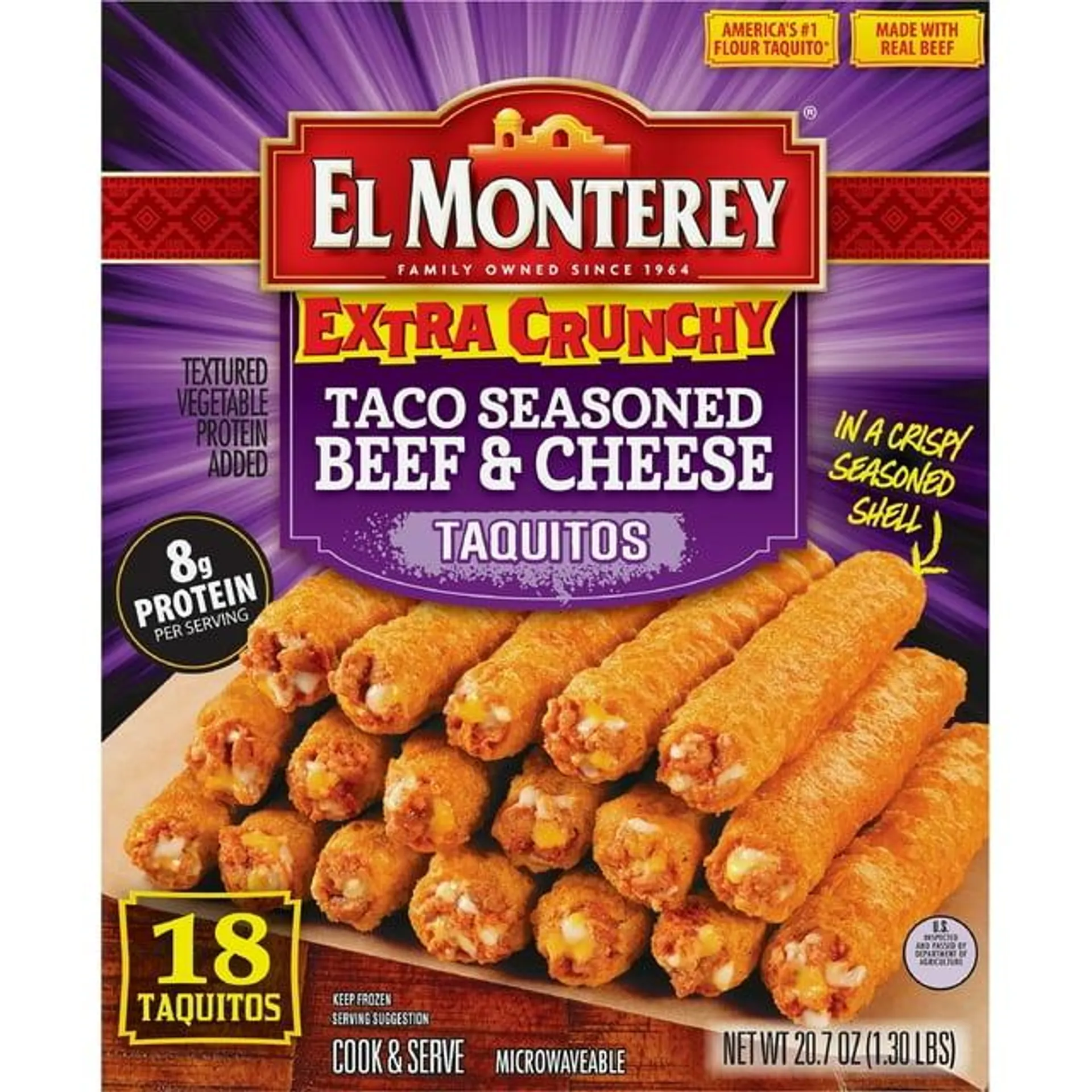 El Monterey Extra Crunchy Taco Seasoned Beef & Cheese Taquitos 20.7 oz, 18 Count (Frozen)