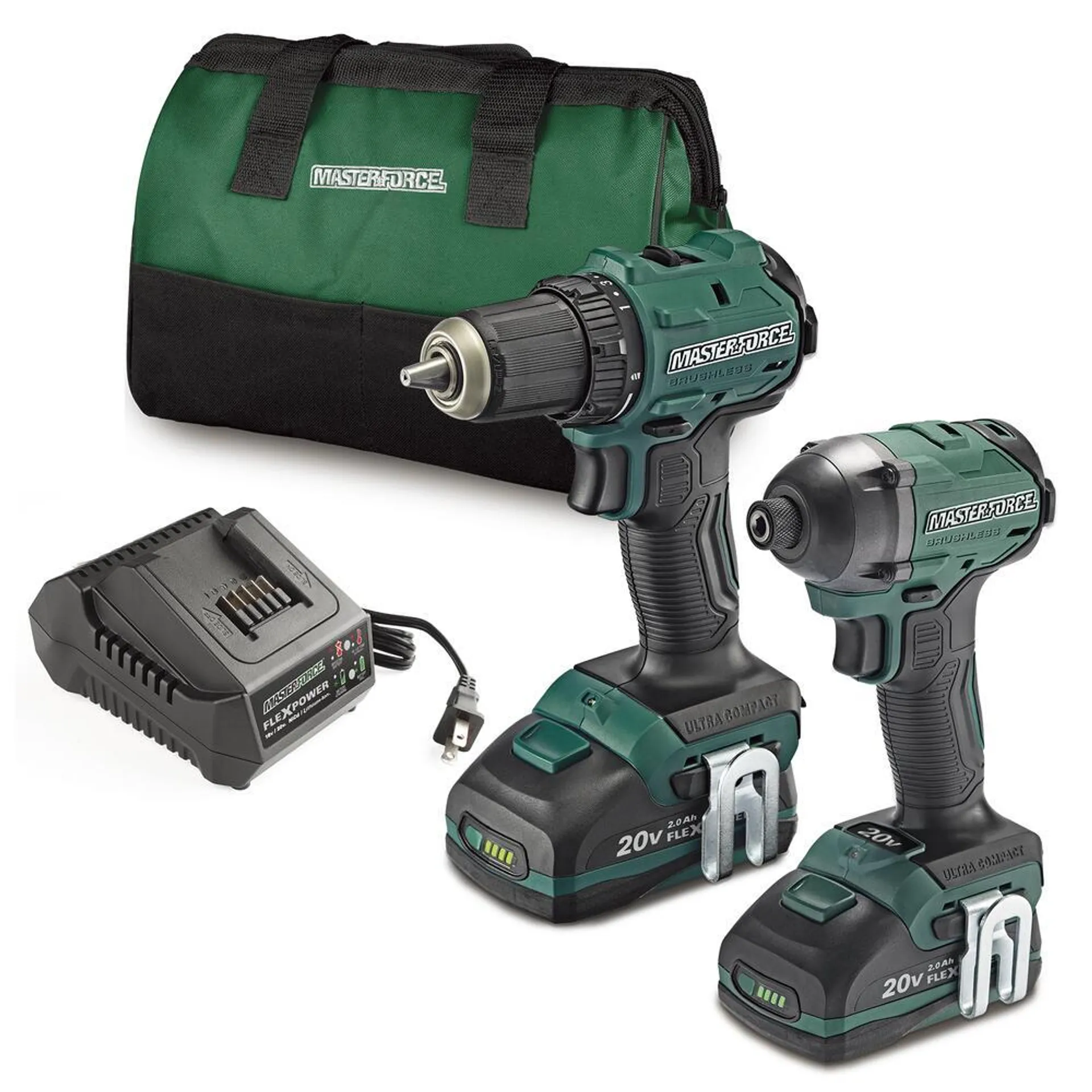 Masterforce® Ultra Compact 20-Volt Brushless Cordless 1/2" Drill & 1/4" Impact Driver Combo Kit