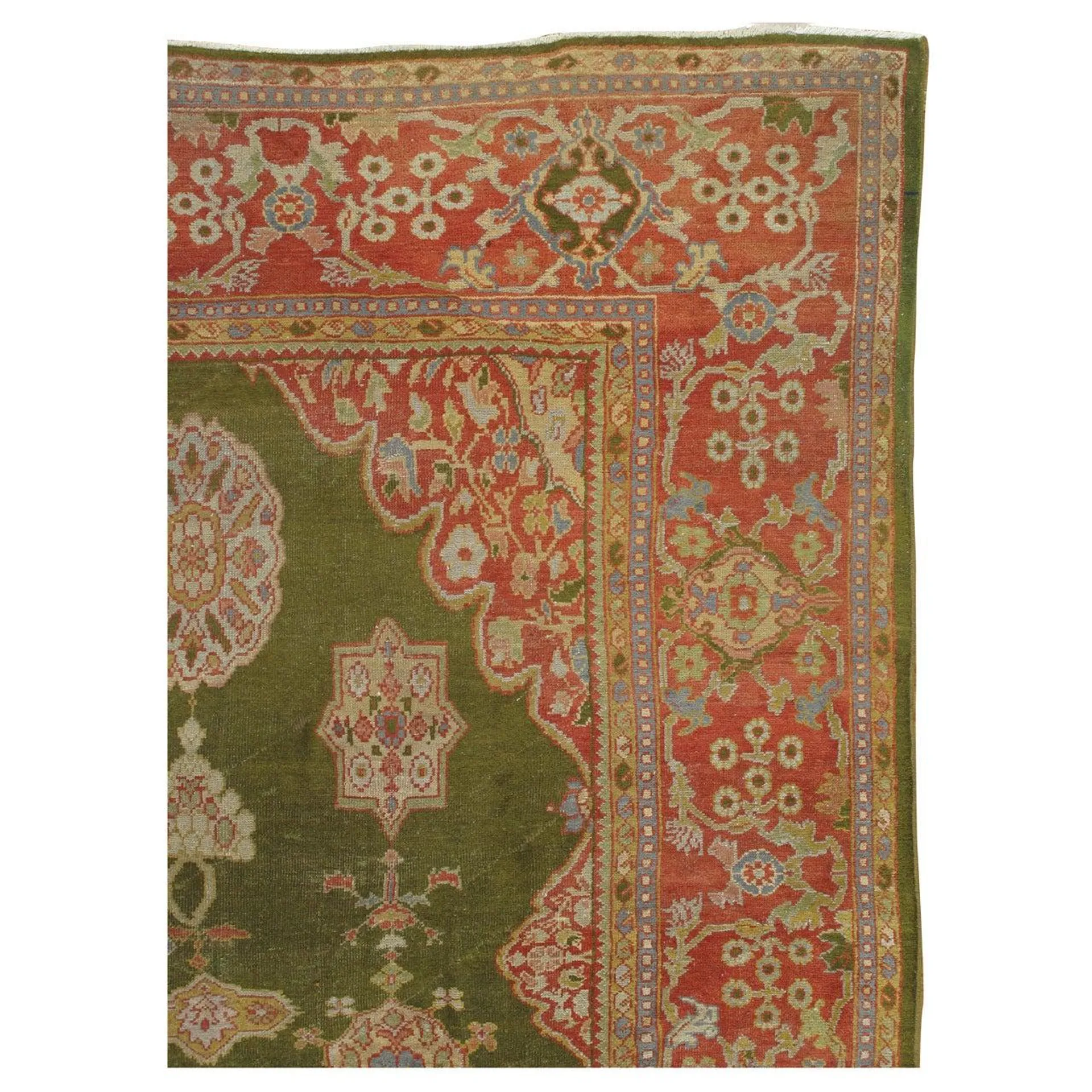 Antique Persian Sultanabad Carpet Green, Coral-Red, Light Blue, Gold and Ivory