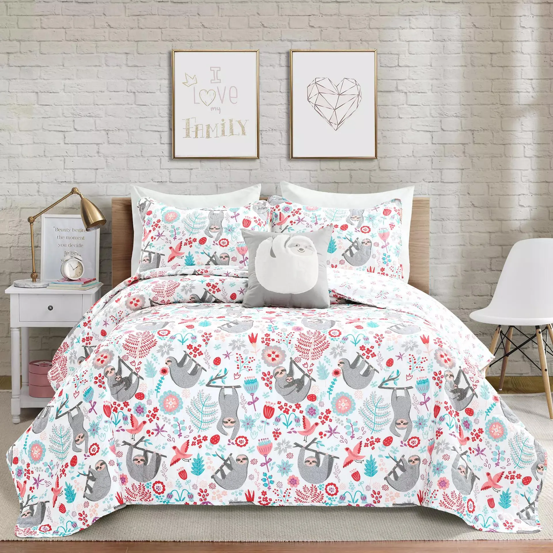 Hygge White, Mint & Red Floral Sloth Reversible Twin 3-Piece Quilt Set