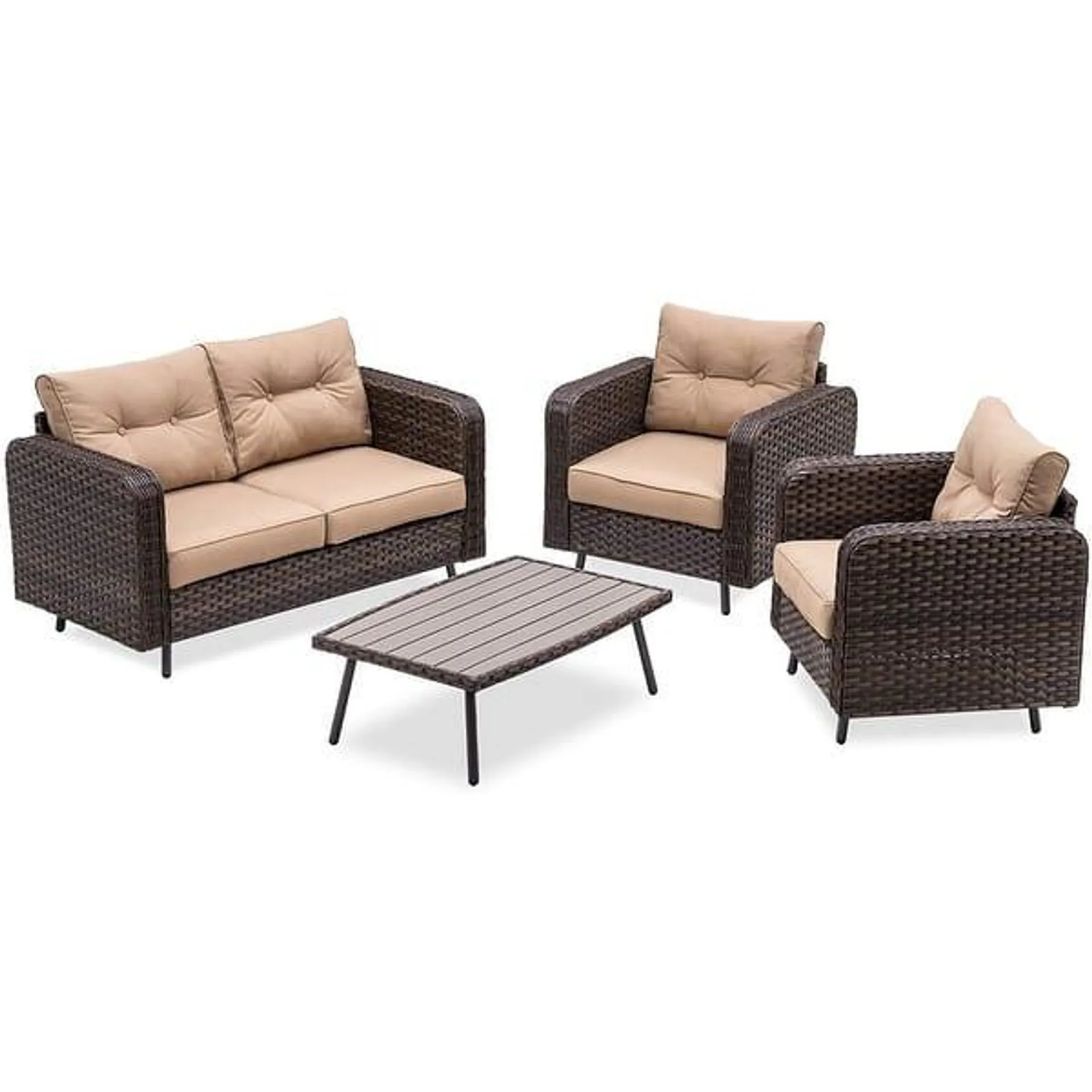 MCombo 4 Piece Outdoor Patio Set with Table, Brown Wicker Furniture, Conversation Set with Cushions and Coffee Table, 9541