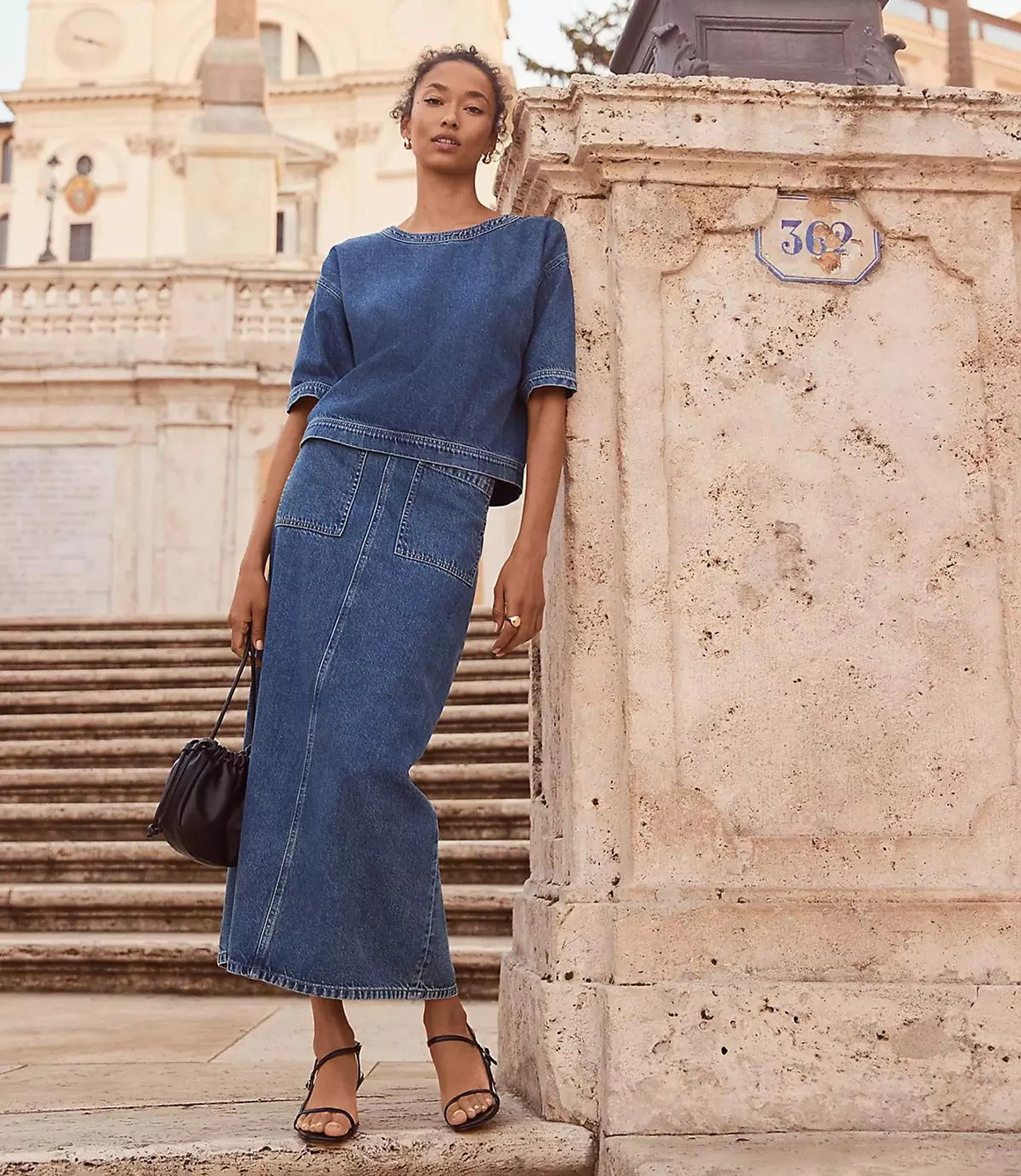 Denim Patch Pocket Midi Skirt in Classic Mid Wash