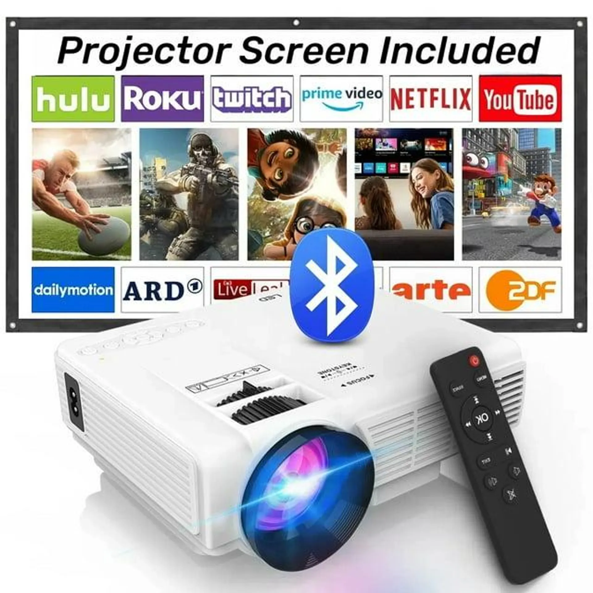 DR.J Professional Mini Projector with Bluetooth 5.2 and Screen, 8000L HD 1080P Projector, 200" Screen Supported