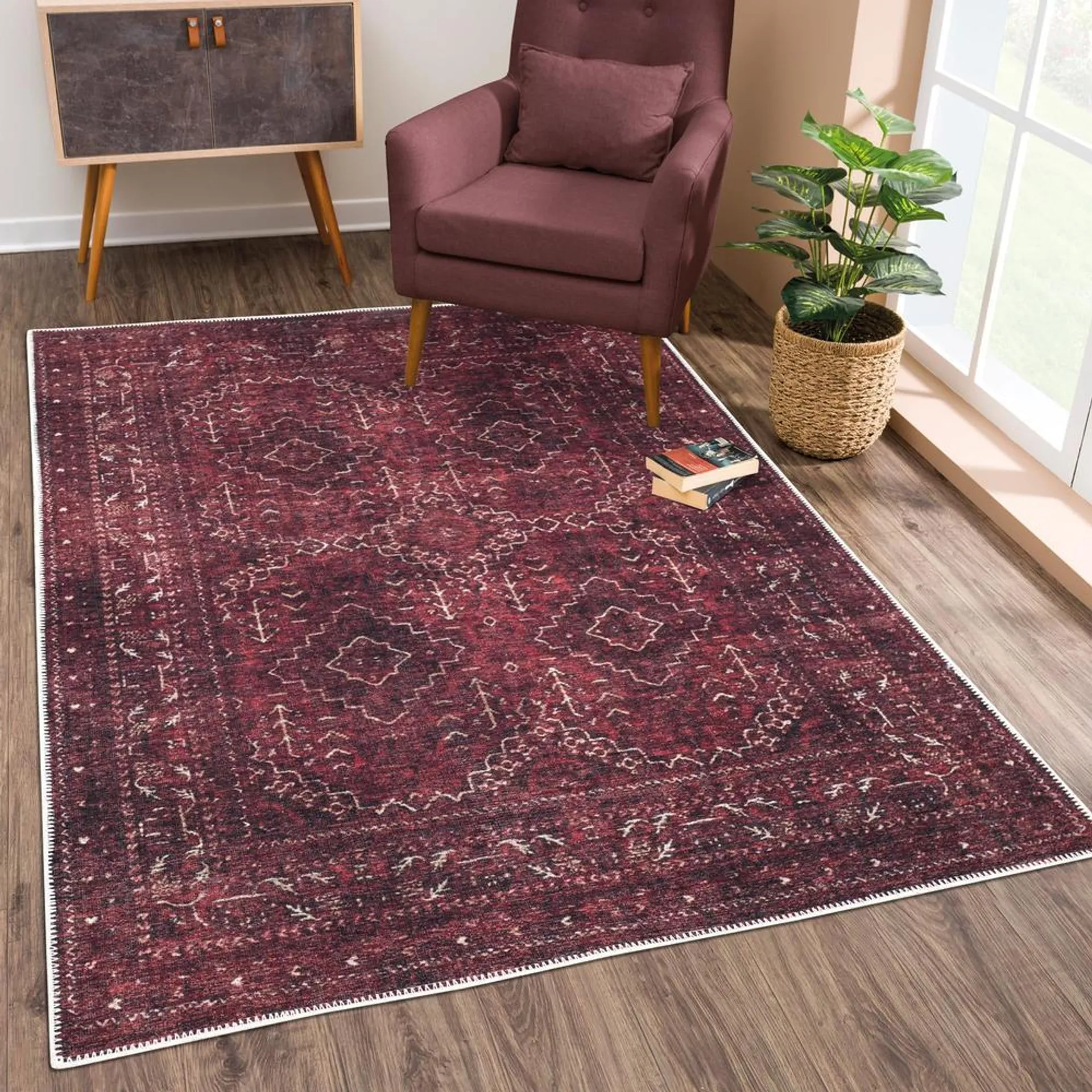 Bloom Rugs Washable NonSlip 3 x 5 Rug Dark Red Traditional Bordered Area Rug for Living Room Bedroom Dining Room and Kit