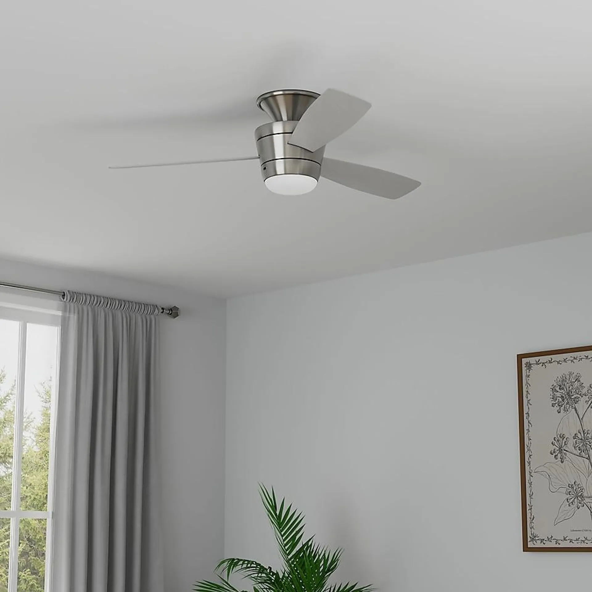 Harbor Breeze Mazon 44-in Integrated LED Flush Mount Brushed Nickel with Brushed Nickel/Black Blades Ceiling Fan With Light and Remote ( 3 -Blade )