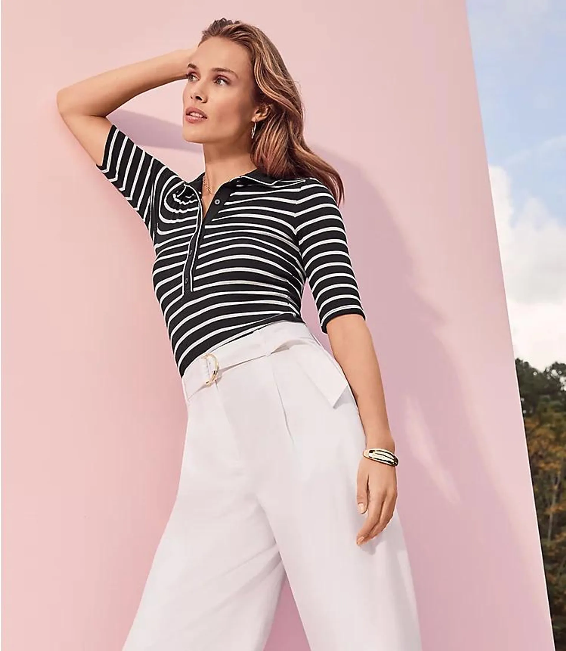 Stripe Ribbed Polo Top