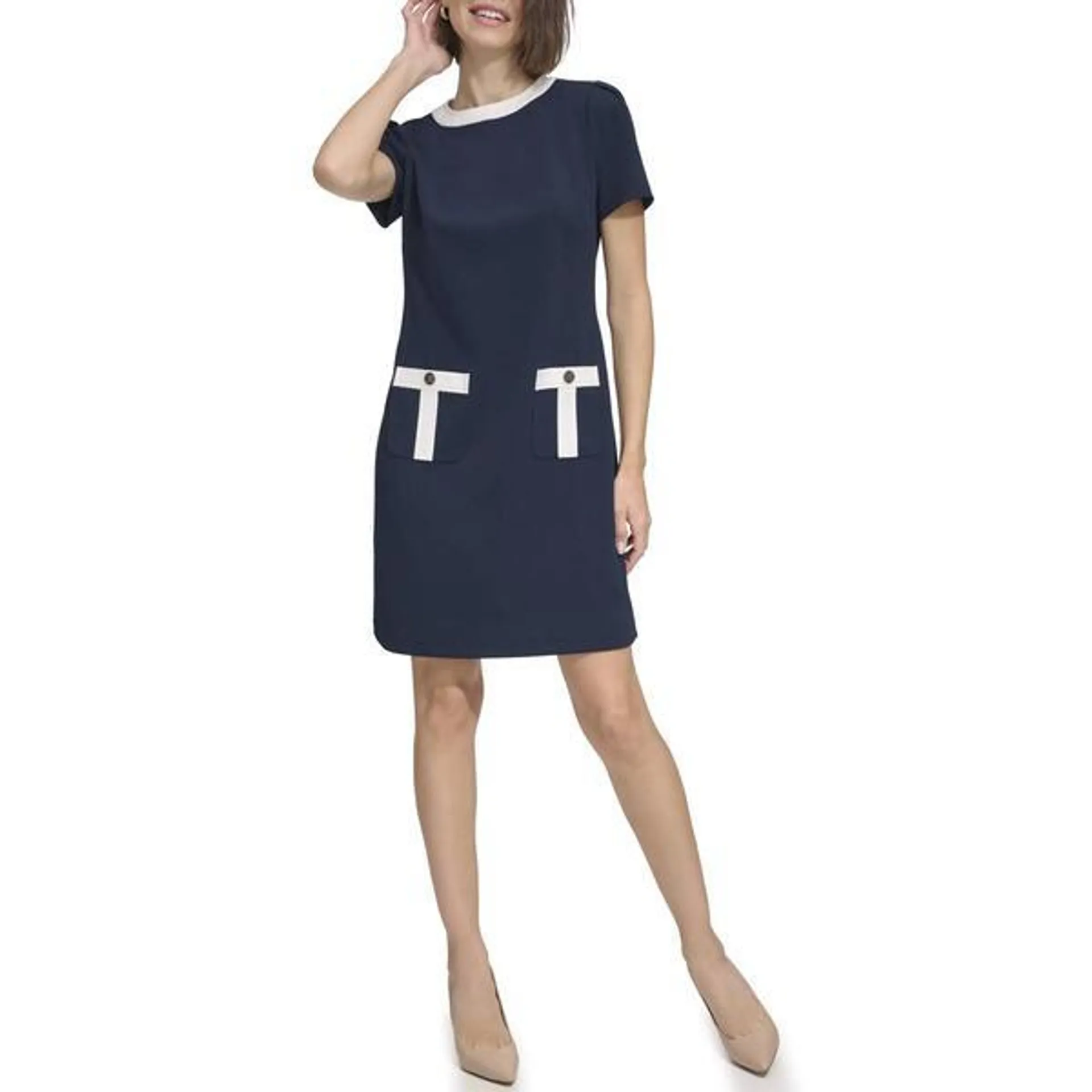Womens Tommy Hilfiger Short Sleeve Button Trim Crepe Shift Dress