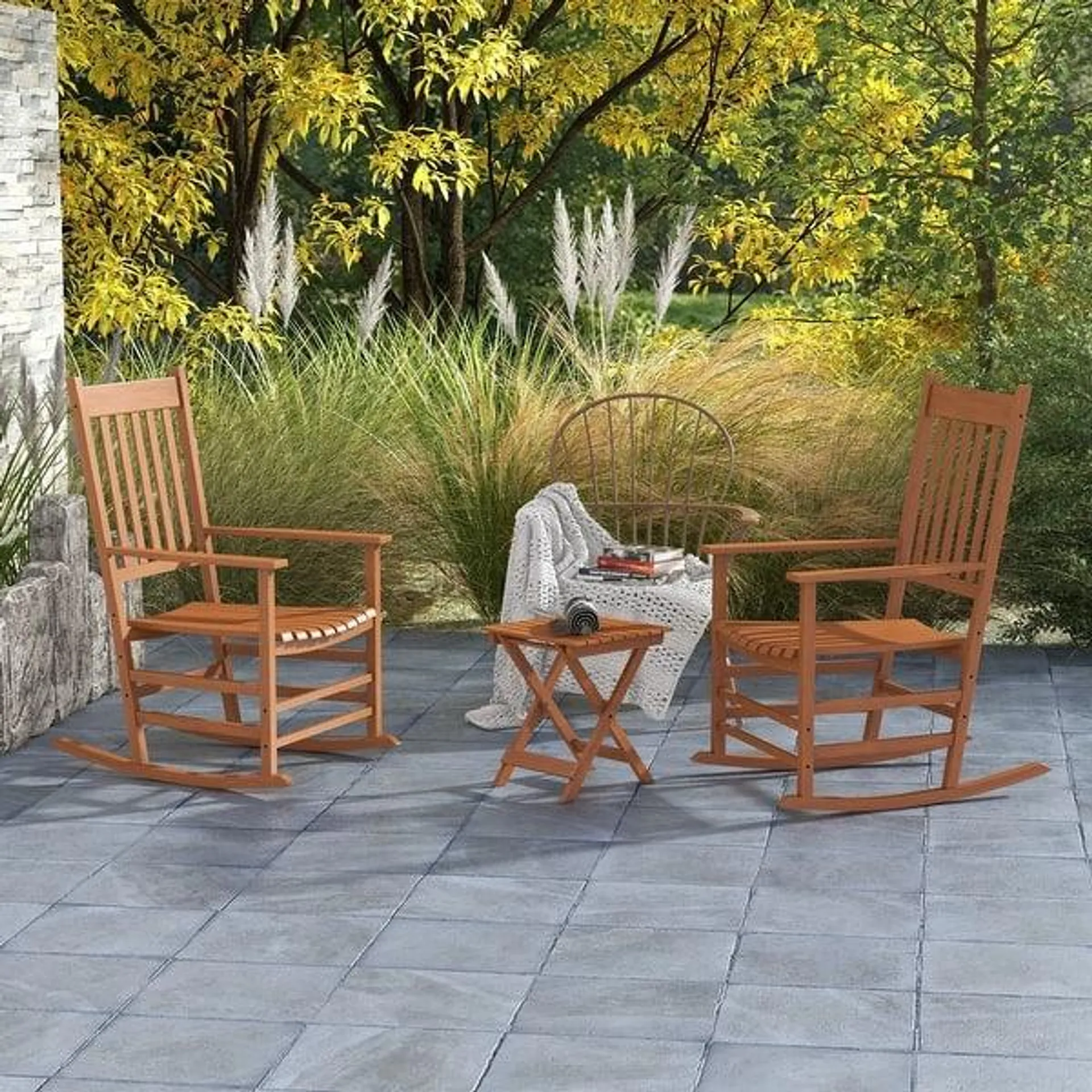 Outsunny Wooden Rocking Chair Set w/ Foldable Side Table, Outdoor Rocker Chairs