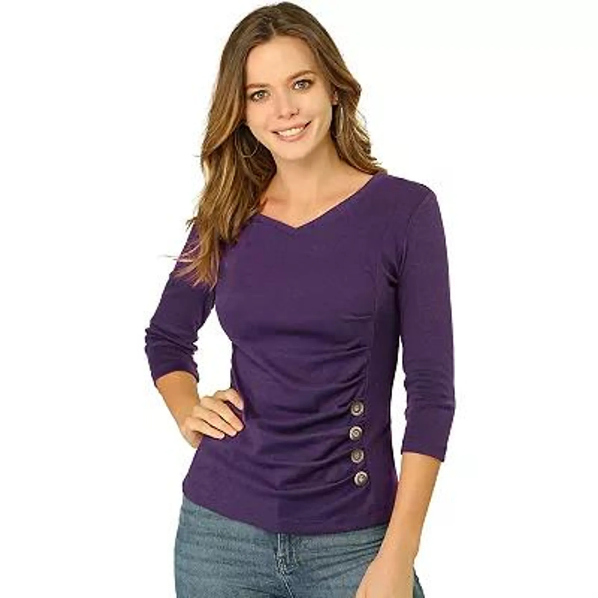 Women's Button Decor V Neck 3/4 Sleeve Solid Blouse Knitted Ruched Top