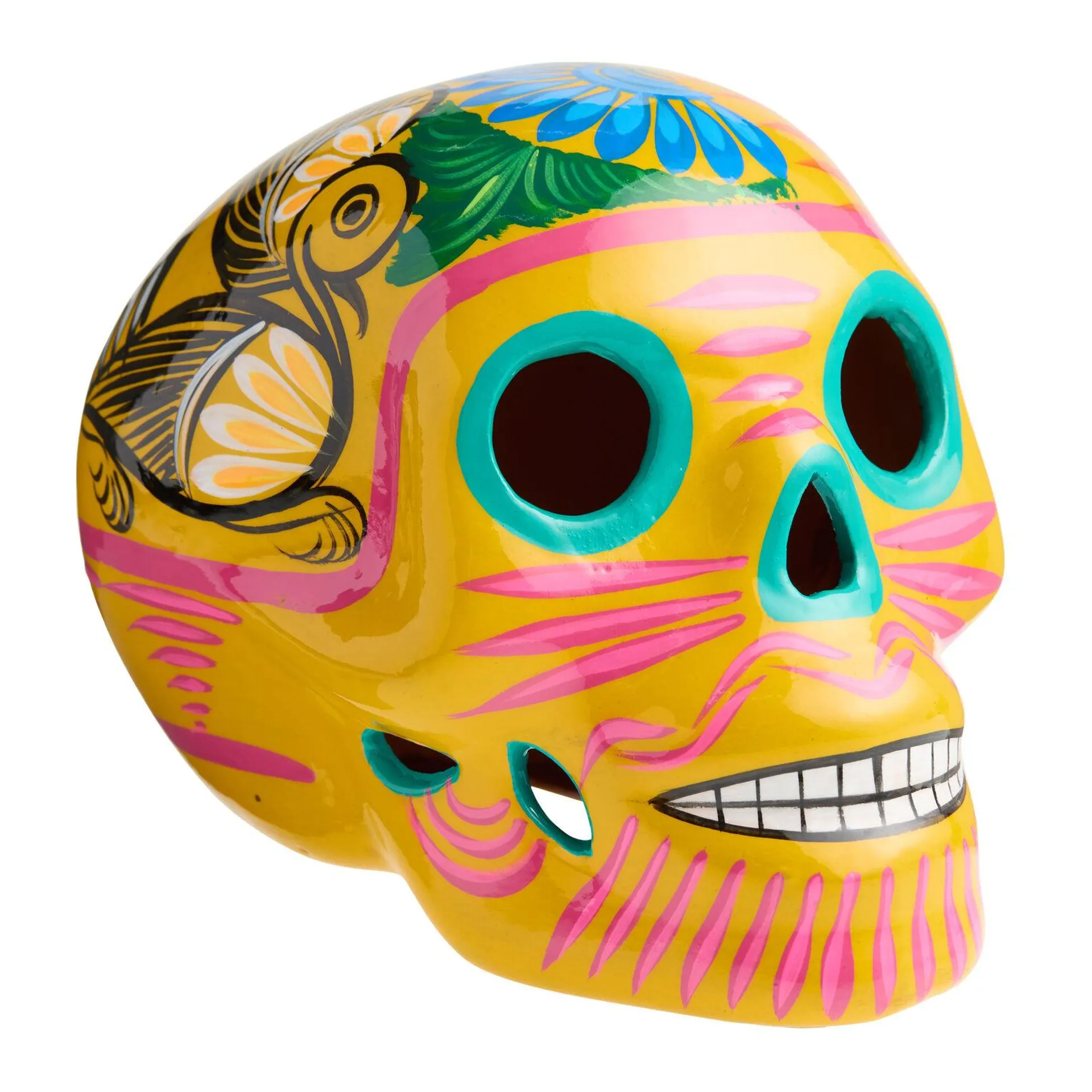 CRAFT Large Yellow Ceramic Dia de Los Muertos Skull Decor