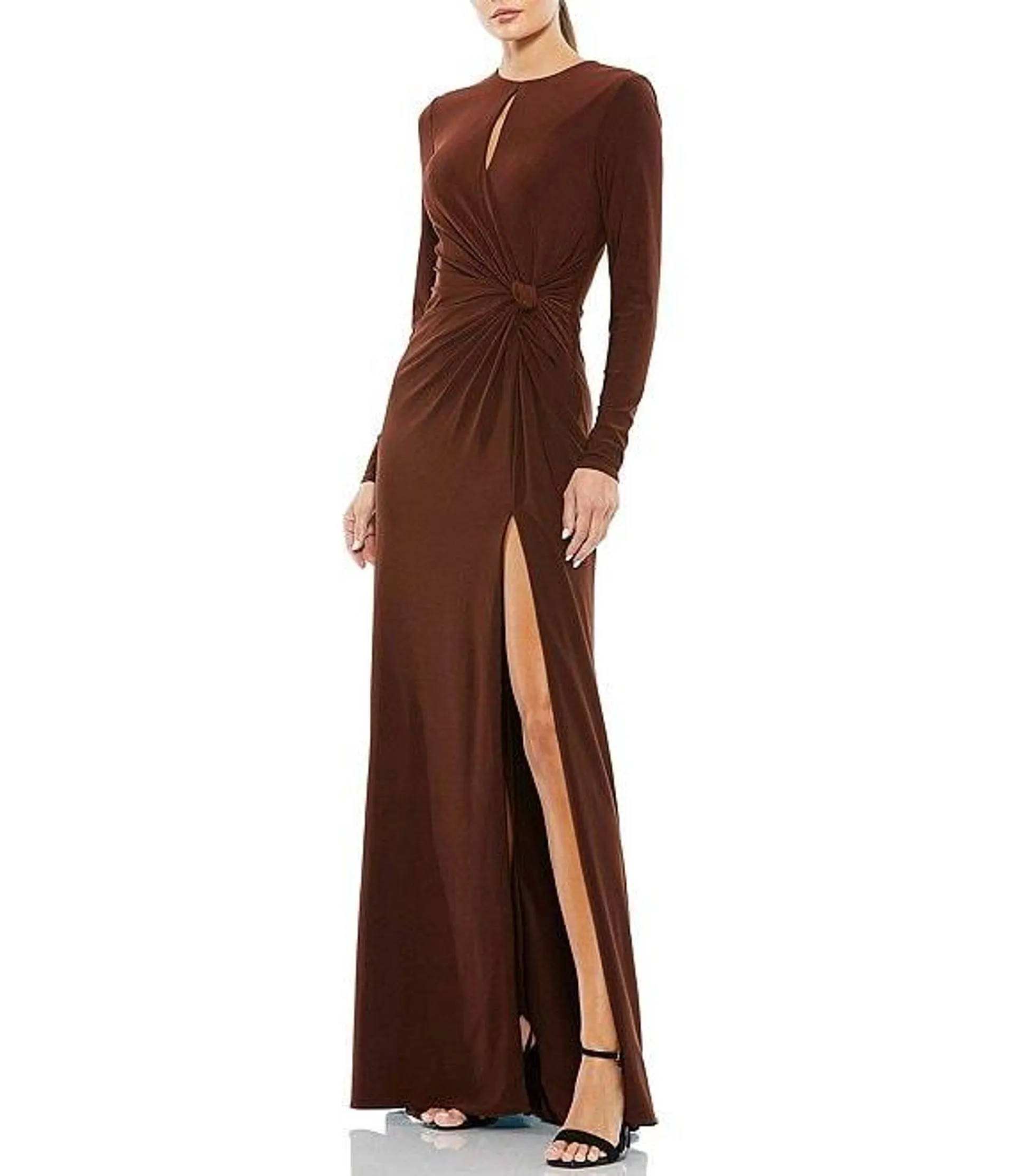 Long Sleeve Keyhole Crew Neck Knot Waist Gown