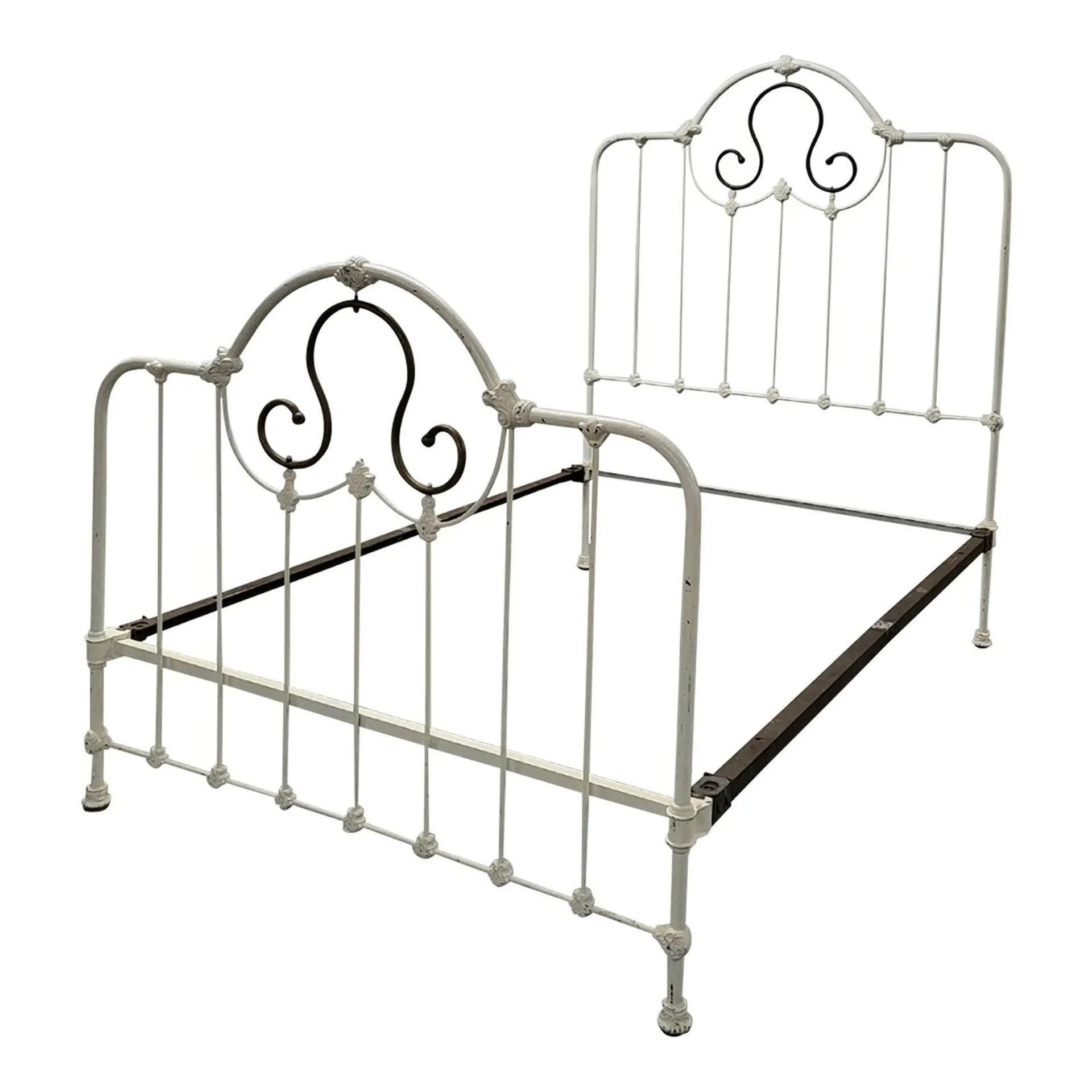 Late 19th Century Antique White Painted Iron and Brass Full Size Bed