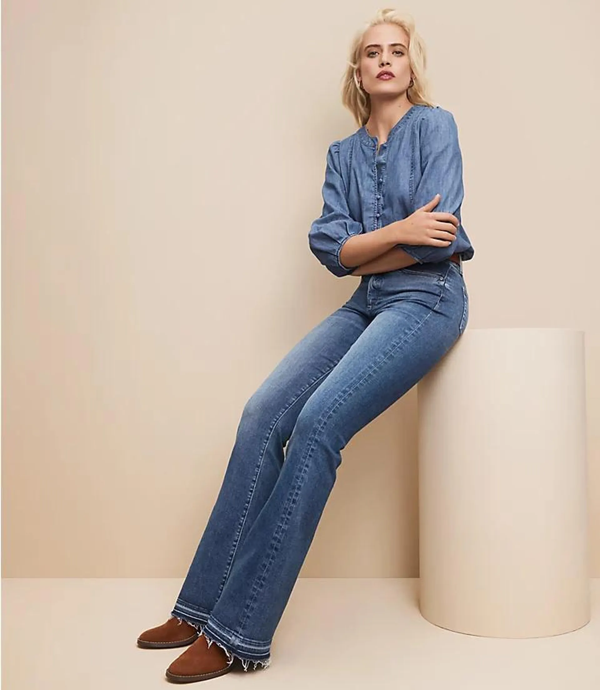 Let Down Hem High Rise Slim Flare Jeans in Bright Mid Indigo Wash