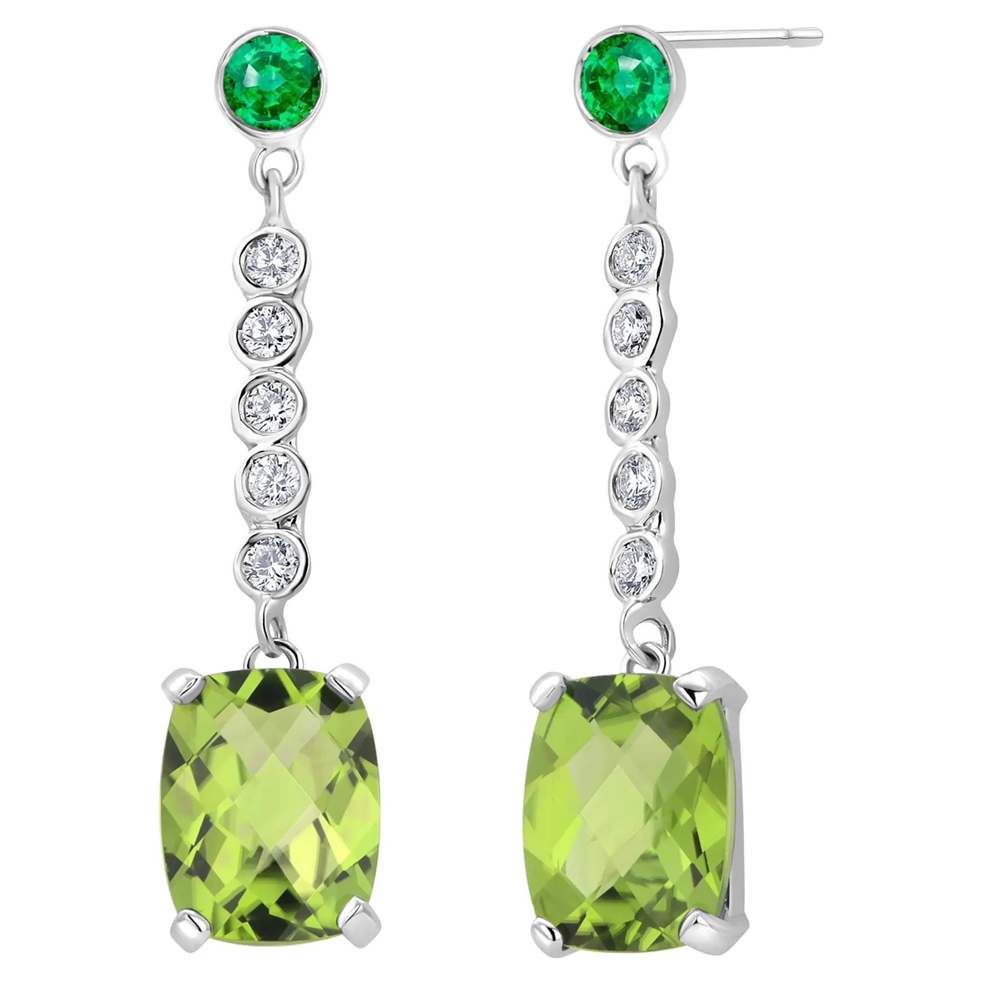 Pair Peridot Diamonds Emeralds 4.85 Carat Lariat White Gold 1.20 Inch Earrings