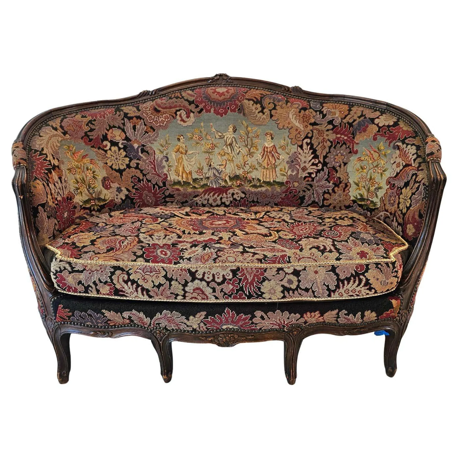 19th C. French Louis XV Style Mahogany and Needlepoint Tapestry Settee