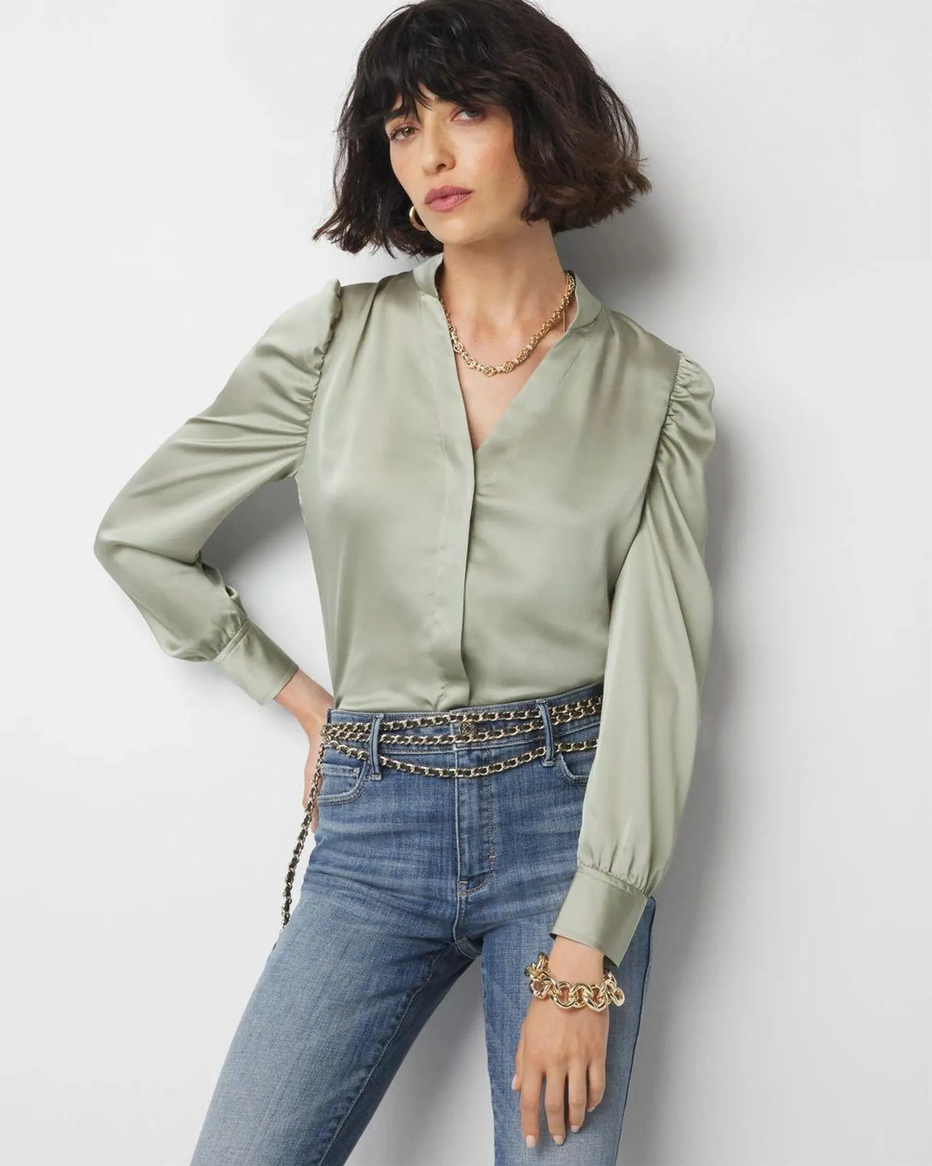 Y-Neck Ruched Shoulder Shirt