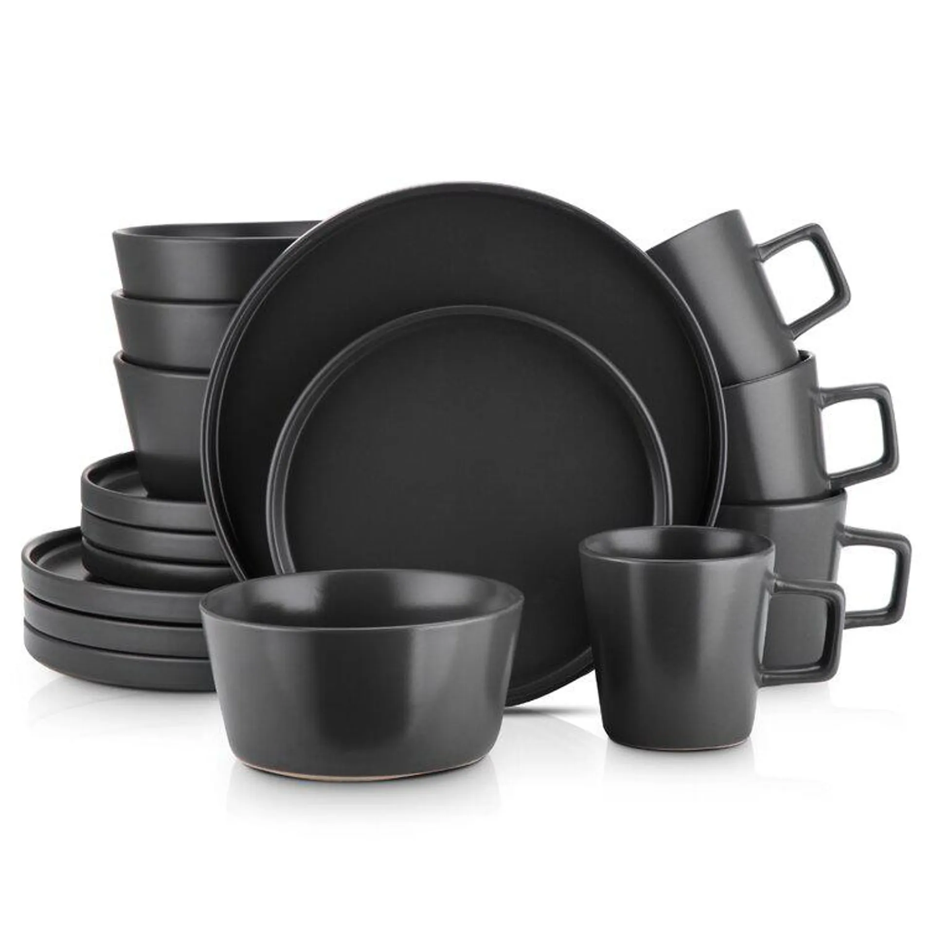 Stone Lain 16 Pieces Stoneware Round Dinnerware Set, Service For 4 In Black Matte, Fashionable Modern Dishes