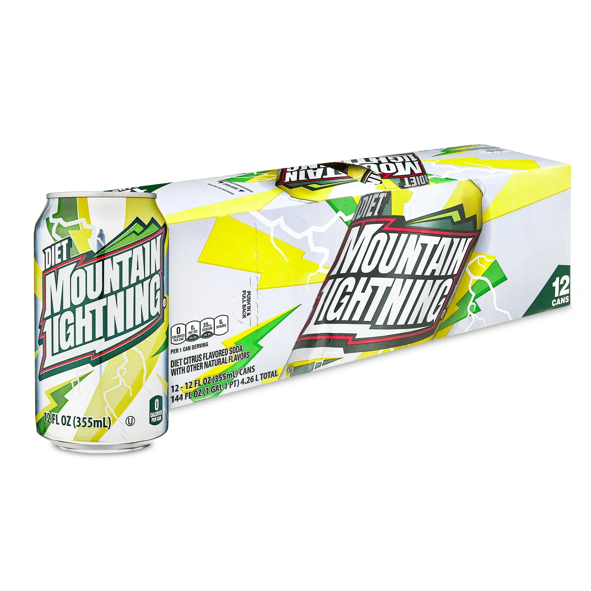 Great Value Diet Mountain Lightning Citrus Flavored Soda Pop, 12 fl oz, 12 Pack Cans