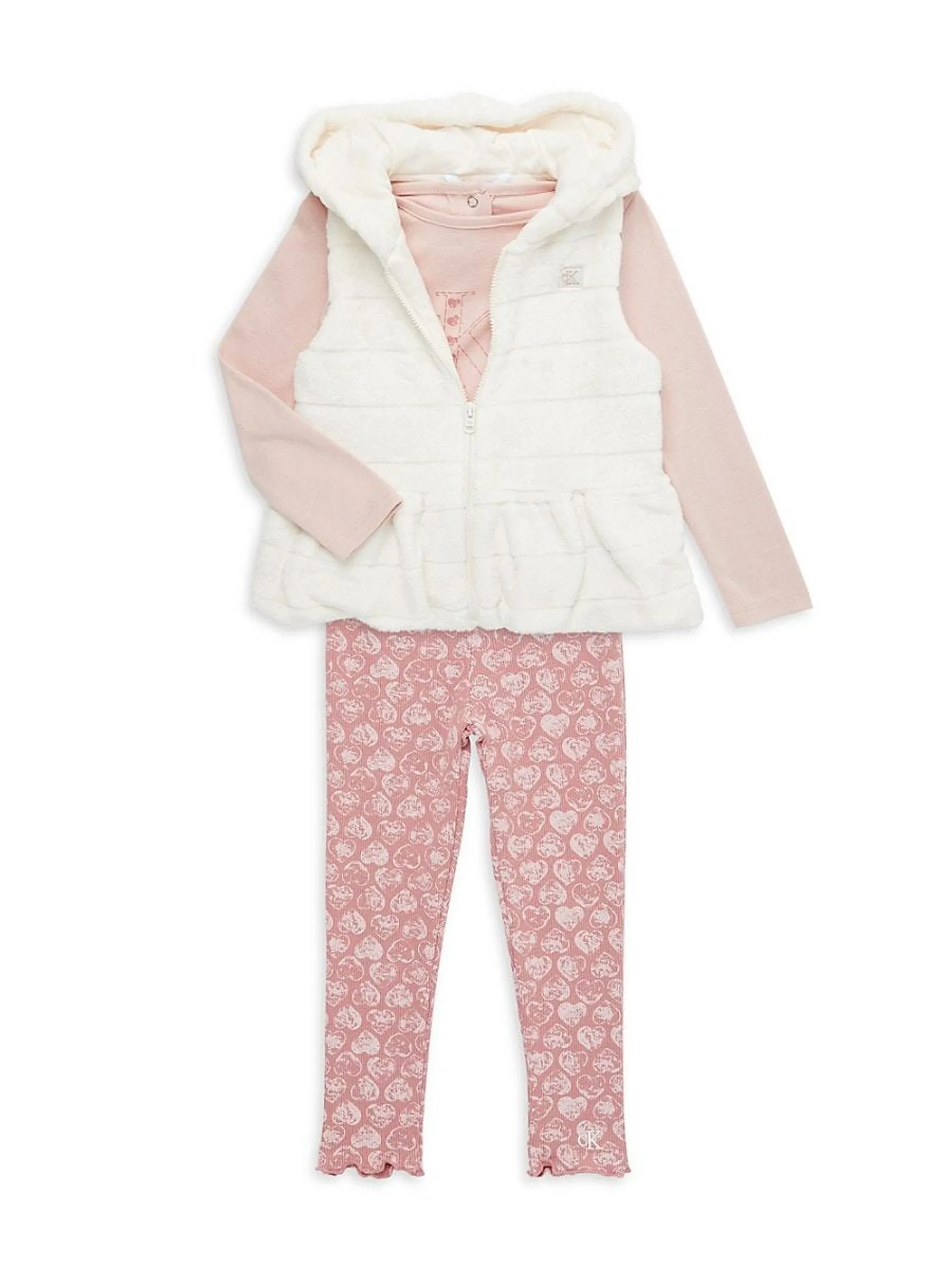 Calvin Klein Baby Girl's 3-Piece Faux Fur Vest, Top & Pants Set - Pink Multi