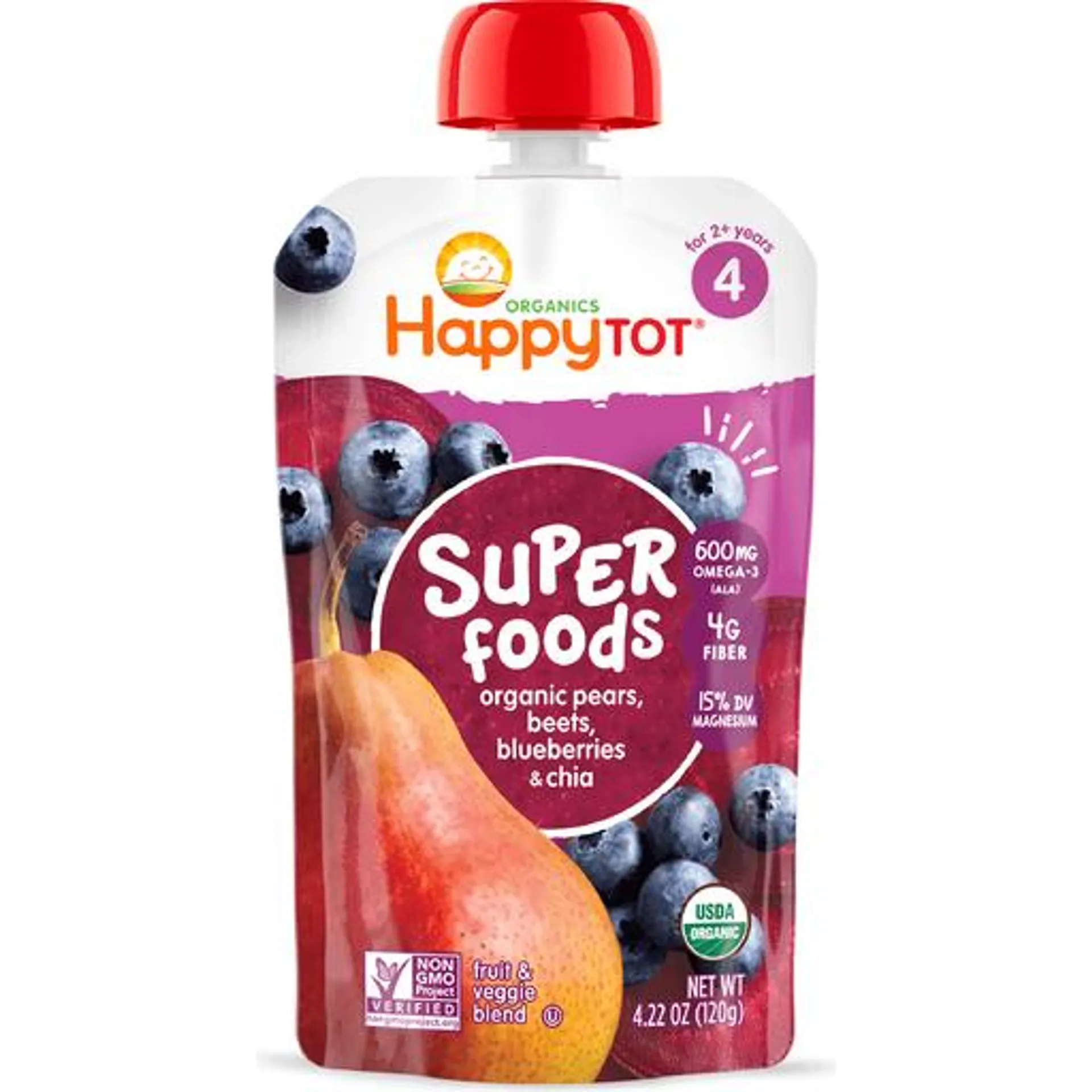 Happy Tot Organics Non-GMO Super Foods Pears Beets &amp; Blueberries + Super Chia Stage 4 Baby Food 4.22 oz bag