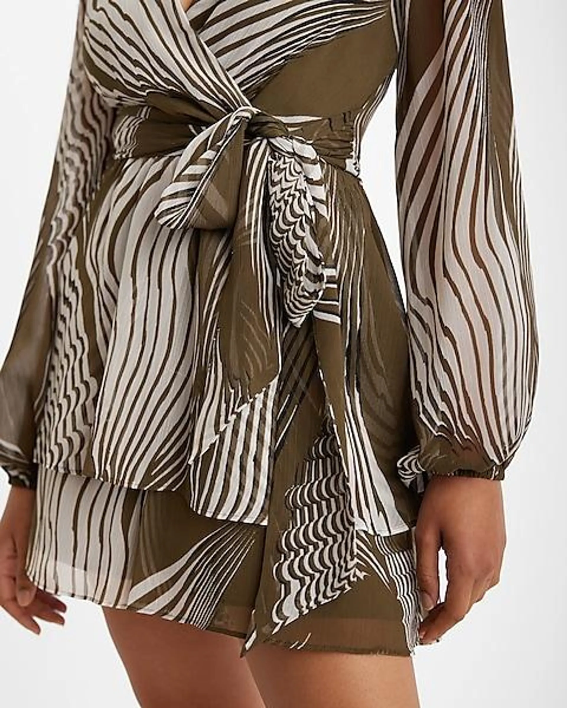 Printed Long Sleeve Surplice Tie Waist Tiered Romper