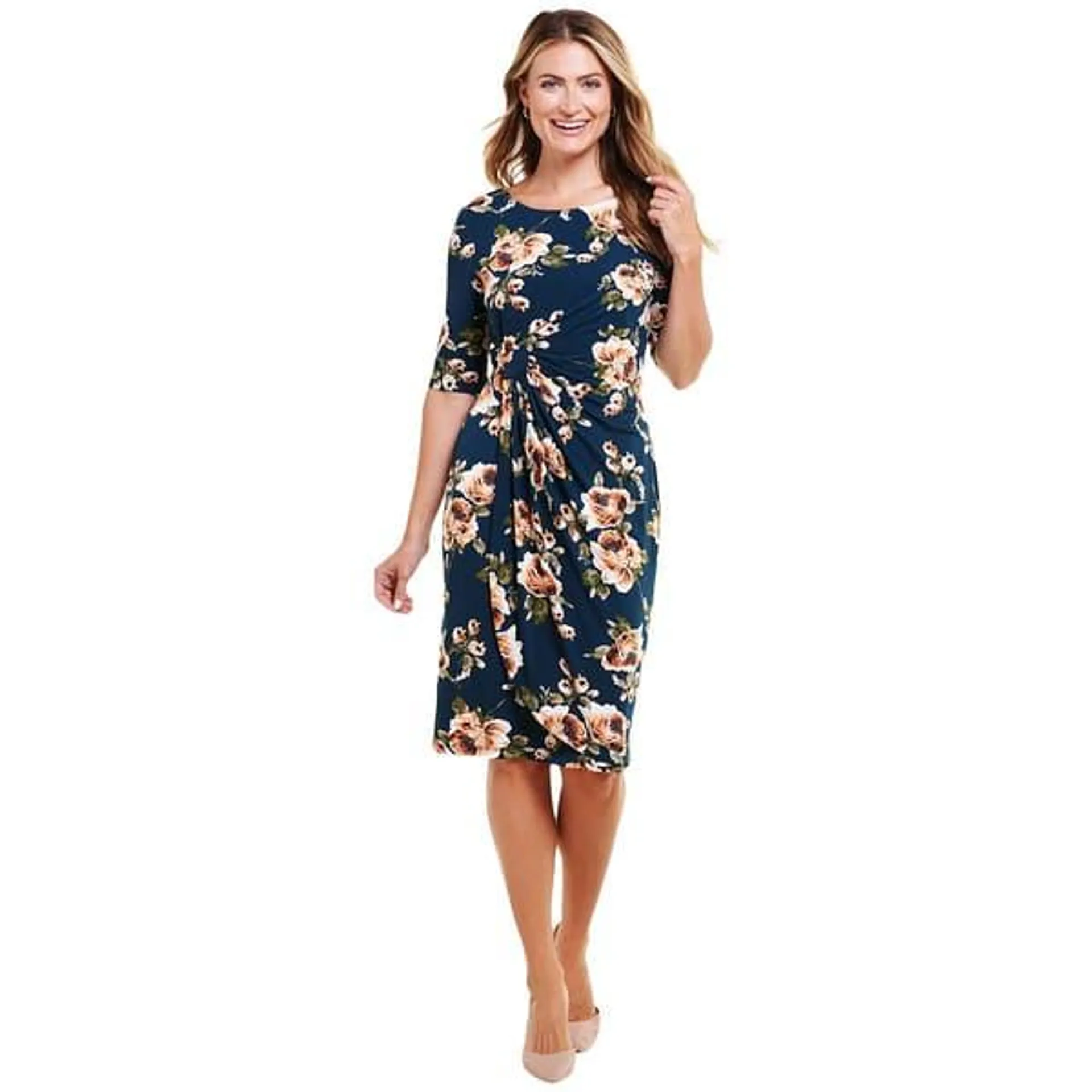 Womens Connected Apparel Elbow Sleeve Floral Ruched Sheath Dress