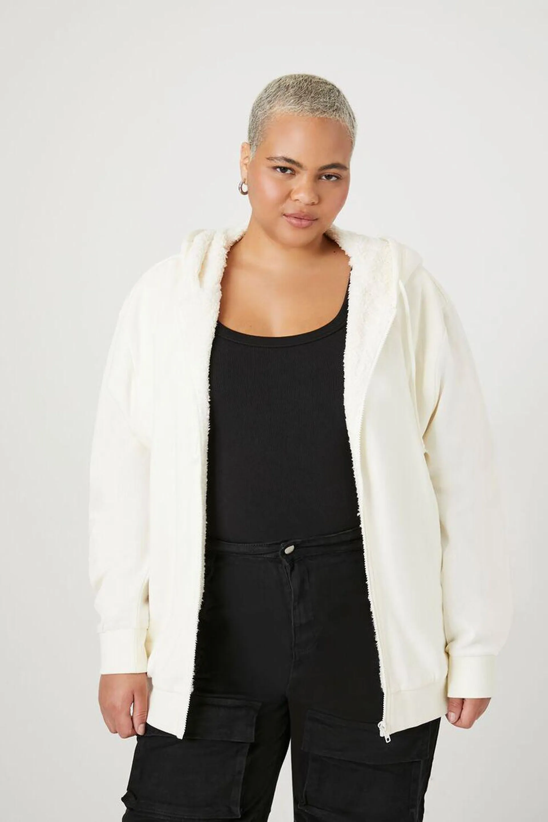 Plus Size Fleece Faux Shearling Zip-Up Hoodie