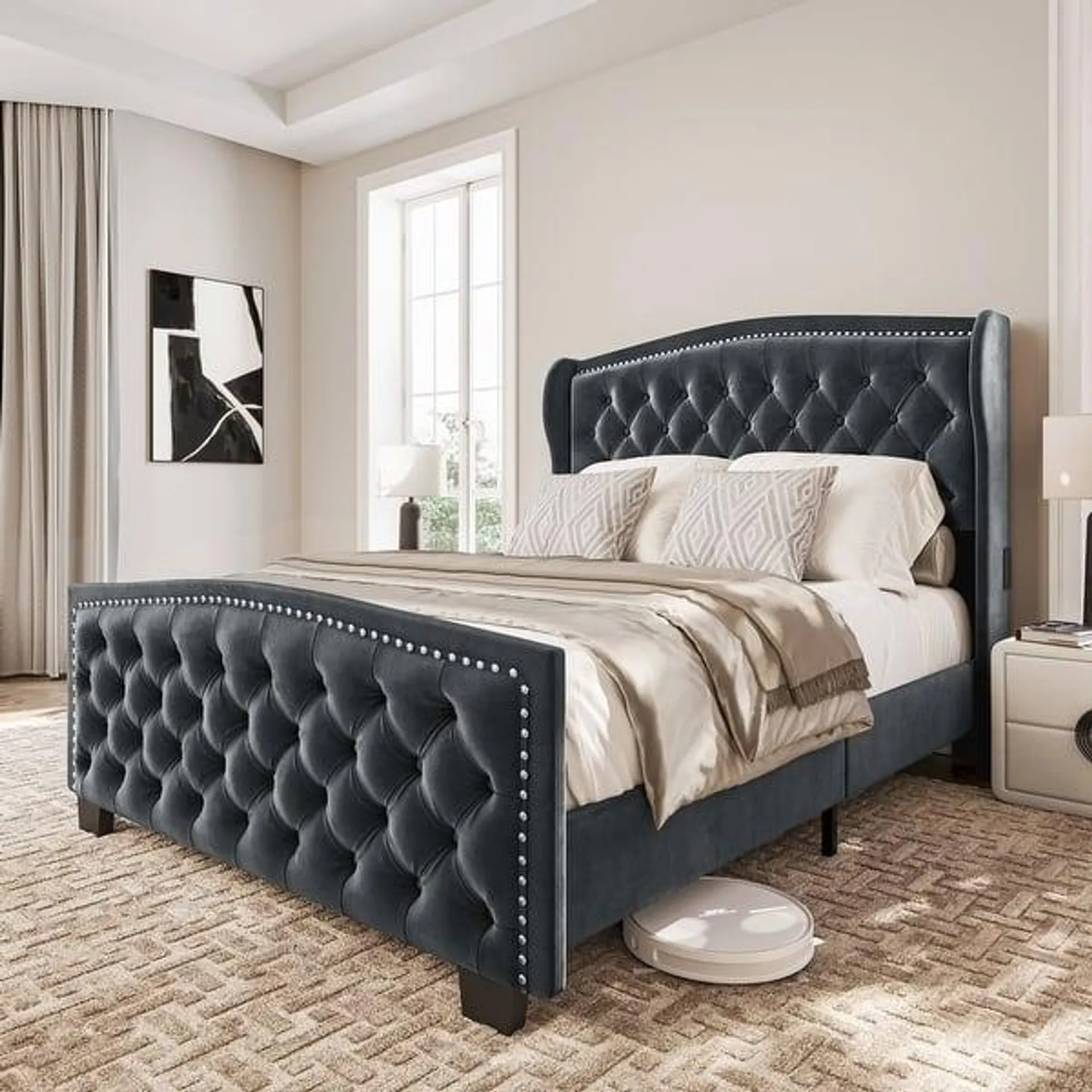 BELLEZE Oslo Queen Platform Bed Frame, No Box Spring Needed - Gray