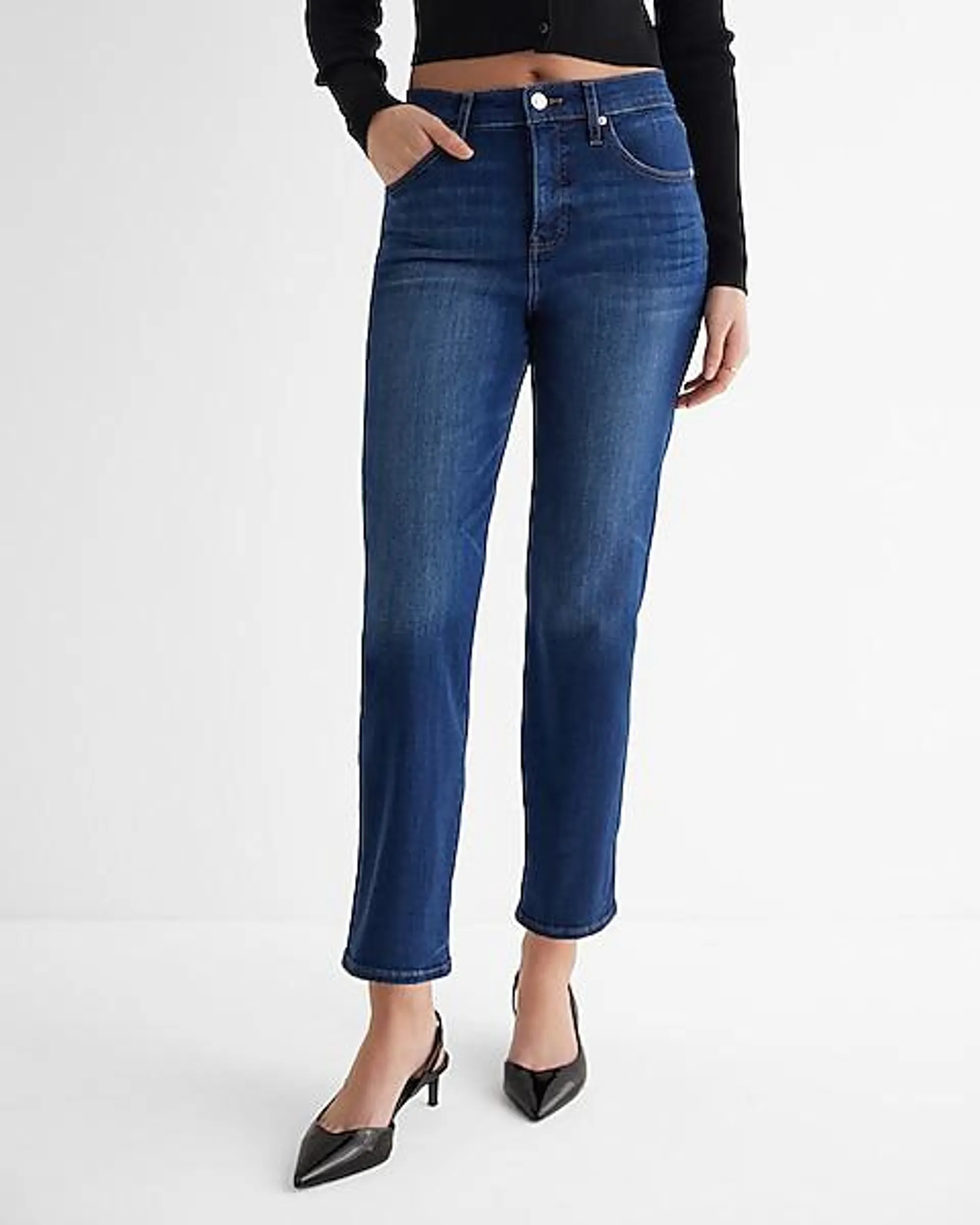 High Waisted Medium Wash Straight Ankle Jeans