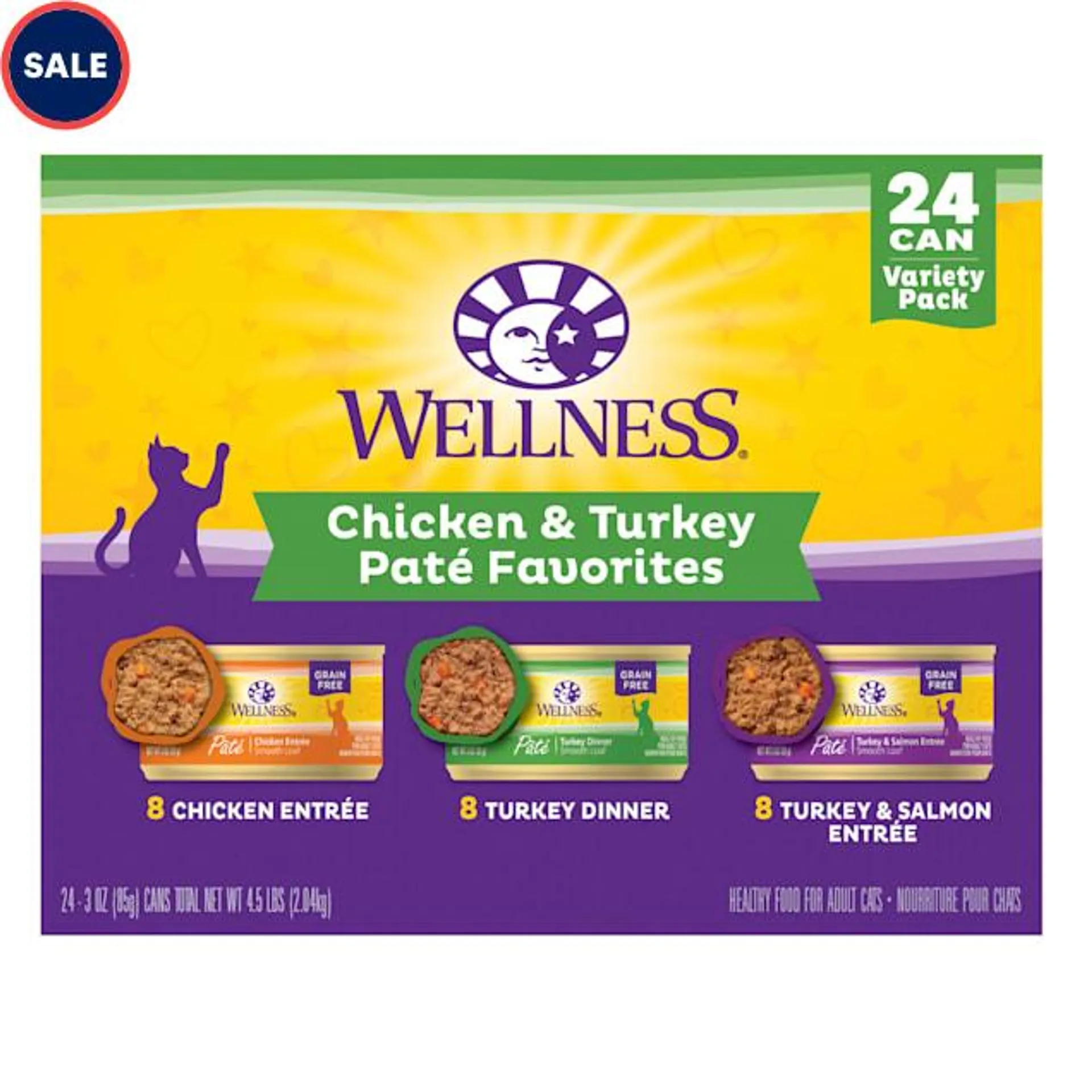 Wellness Complete Health Chicken & Turkey Pate Favorites Variety Pack Wet Adult Cat Food, 3 oz., Count of 24