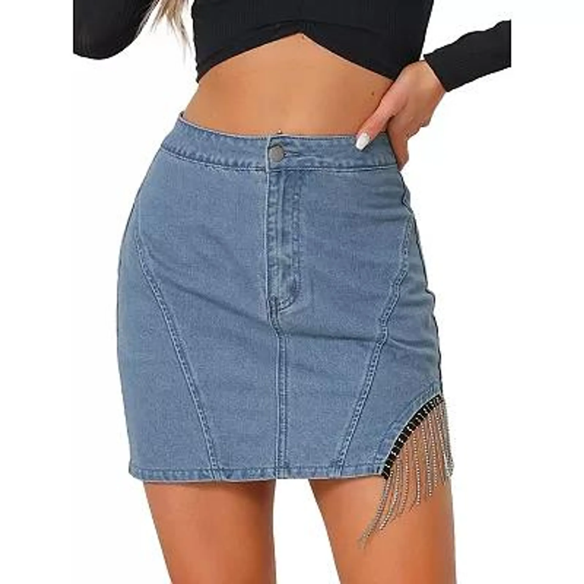 Jean Skirts For Women's High Waisted Rhinestone Fringe Trim Mini Denim Skirt