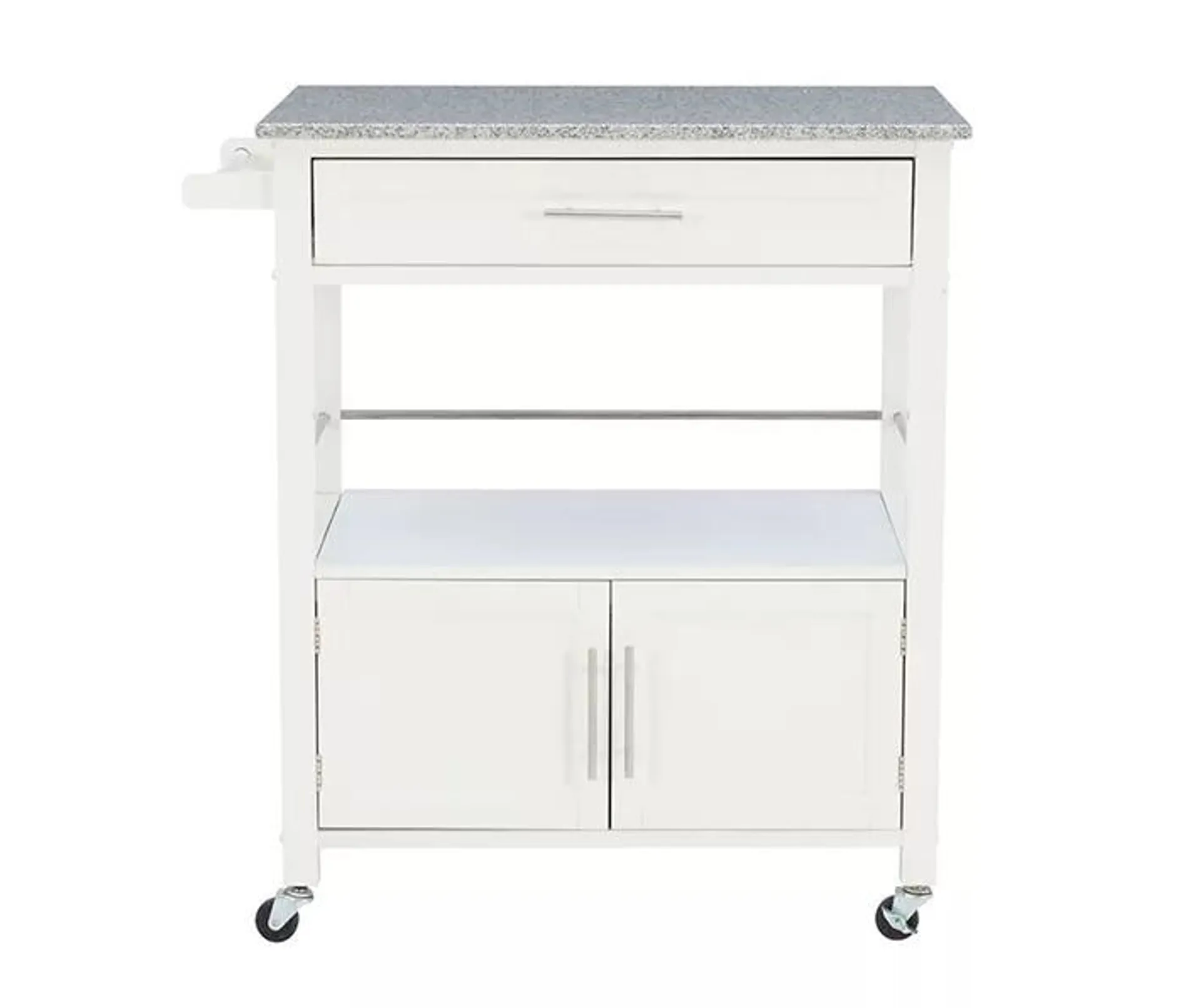 White Double Door Kitchen Cart with Granite Top 