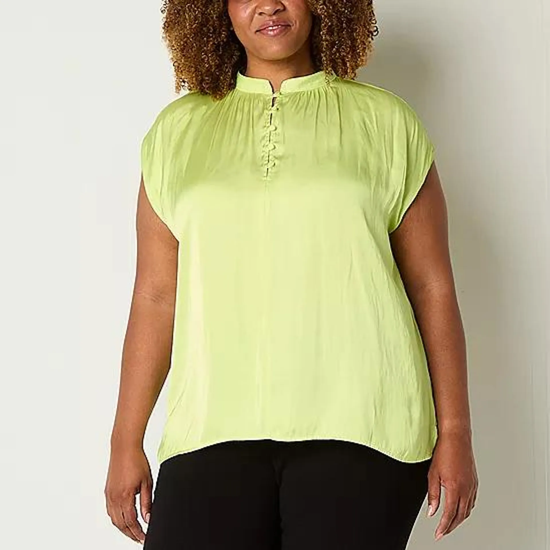 Worthington Plus Womens Henley Neck Short Sleeve Blouse