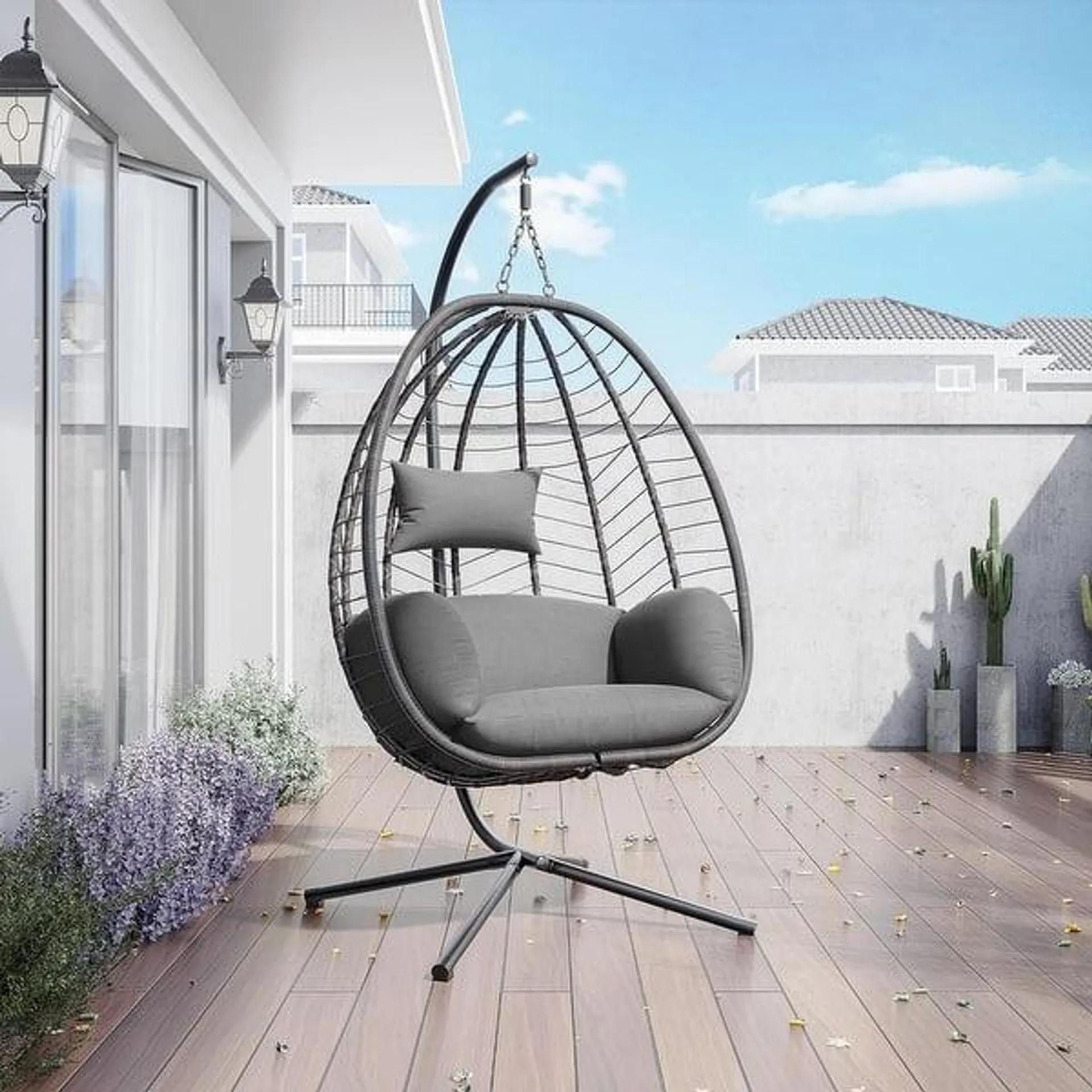 Outdoor Wicker Hammock Hanging Egg Chair with Stand