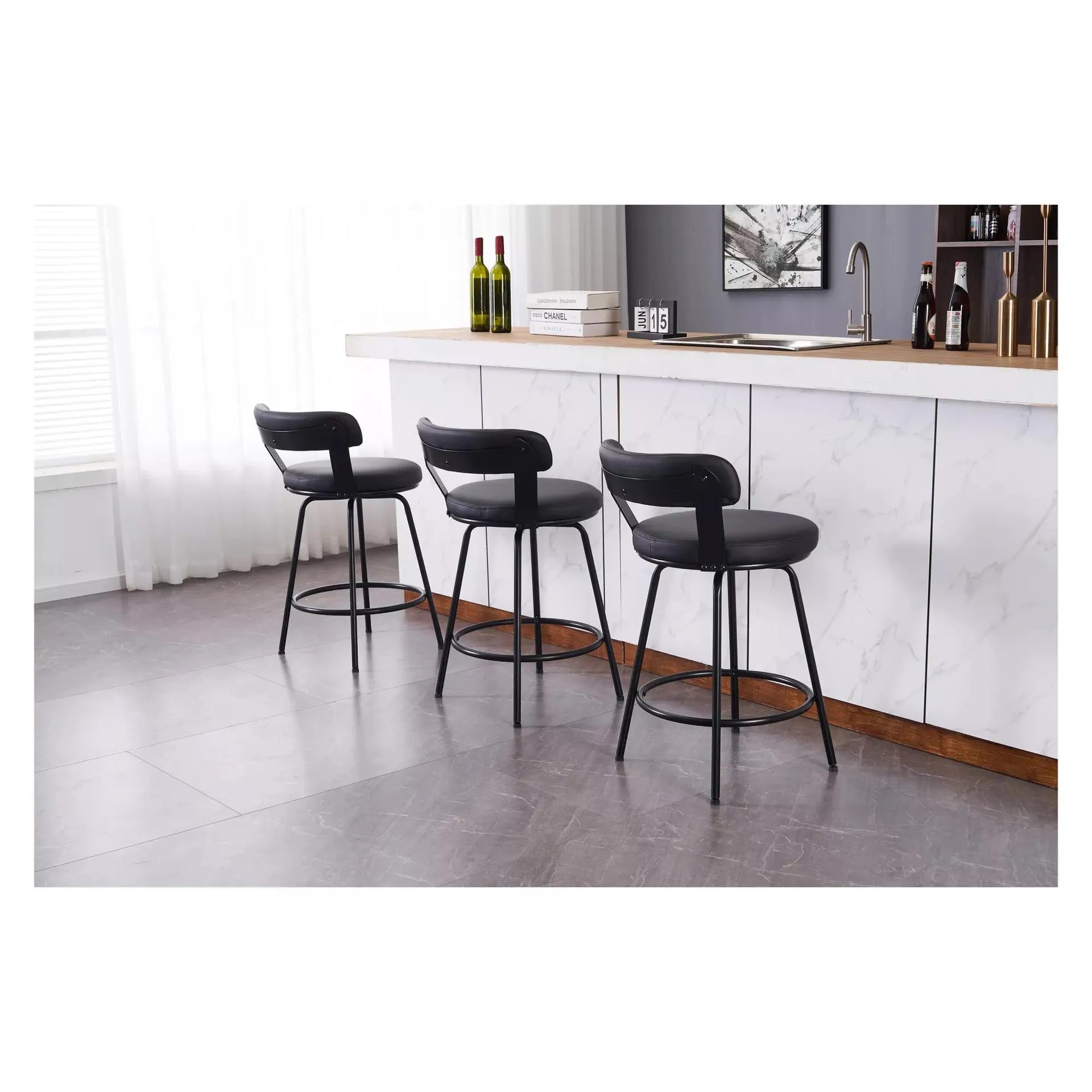 Ashley Set of 3 Swivel Modern 24" Counter Height Stools - Black