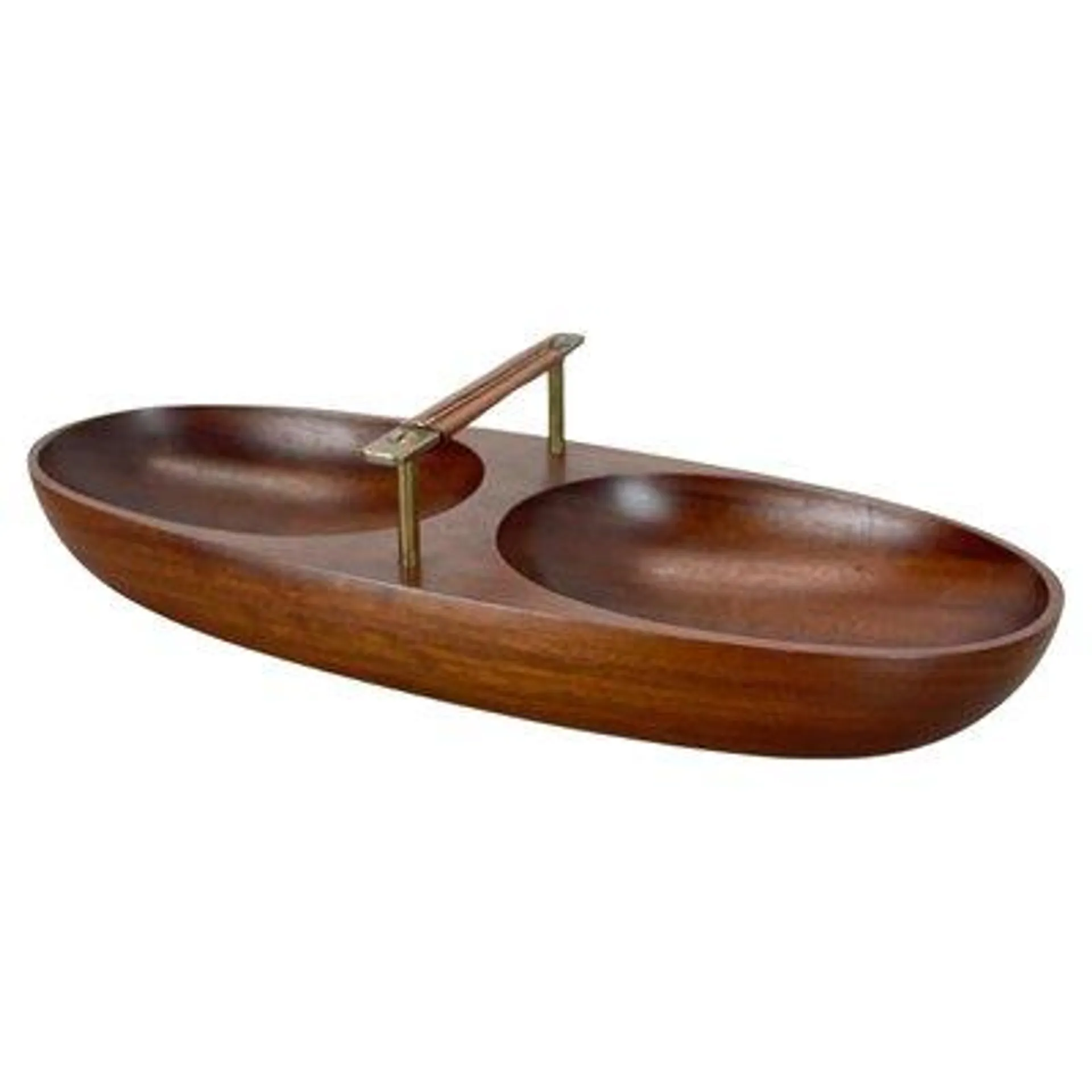 Large Teak Bowl with Brass and Leather Handle attributed to Carl Auböck, Austria, 1950s