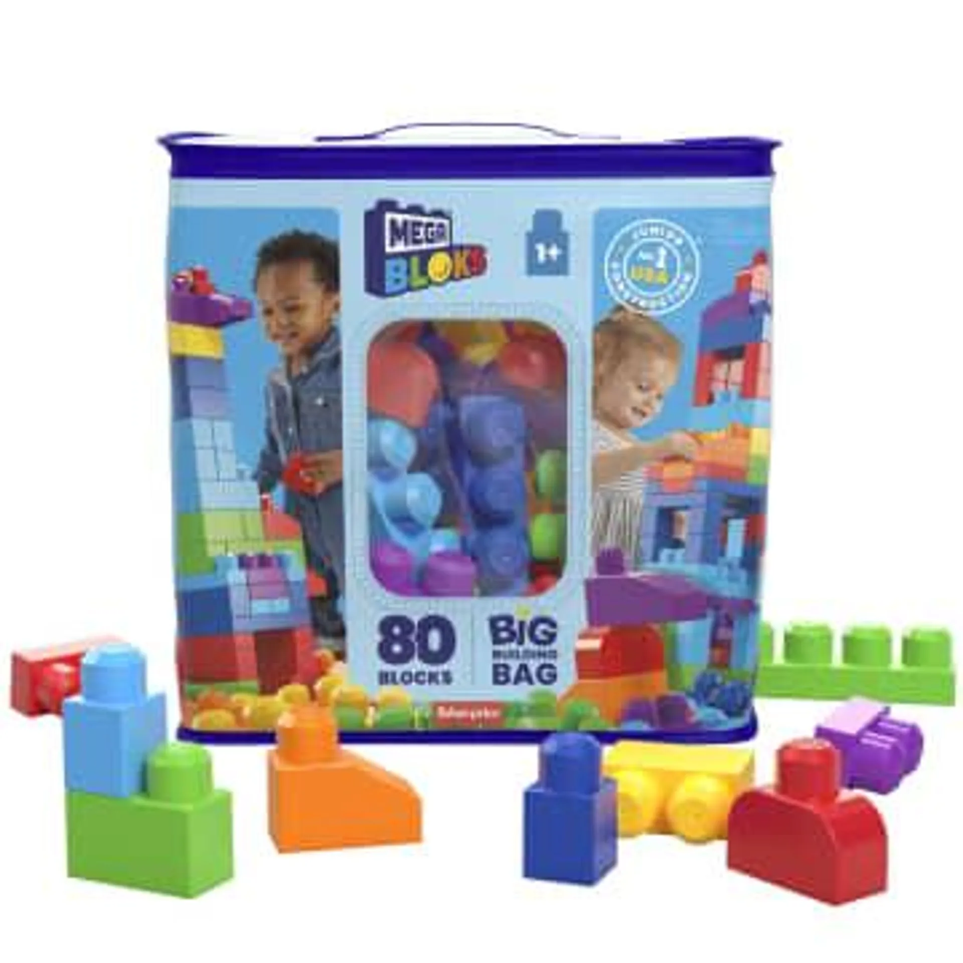 MEGA BLOKS Fisher-Price Toy Blocks Blue Big Building Bag With Storage (80 Pieces) For Toddler