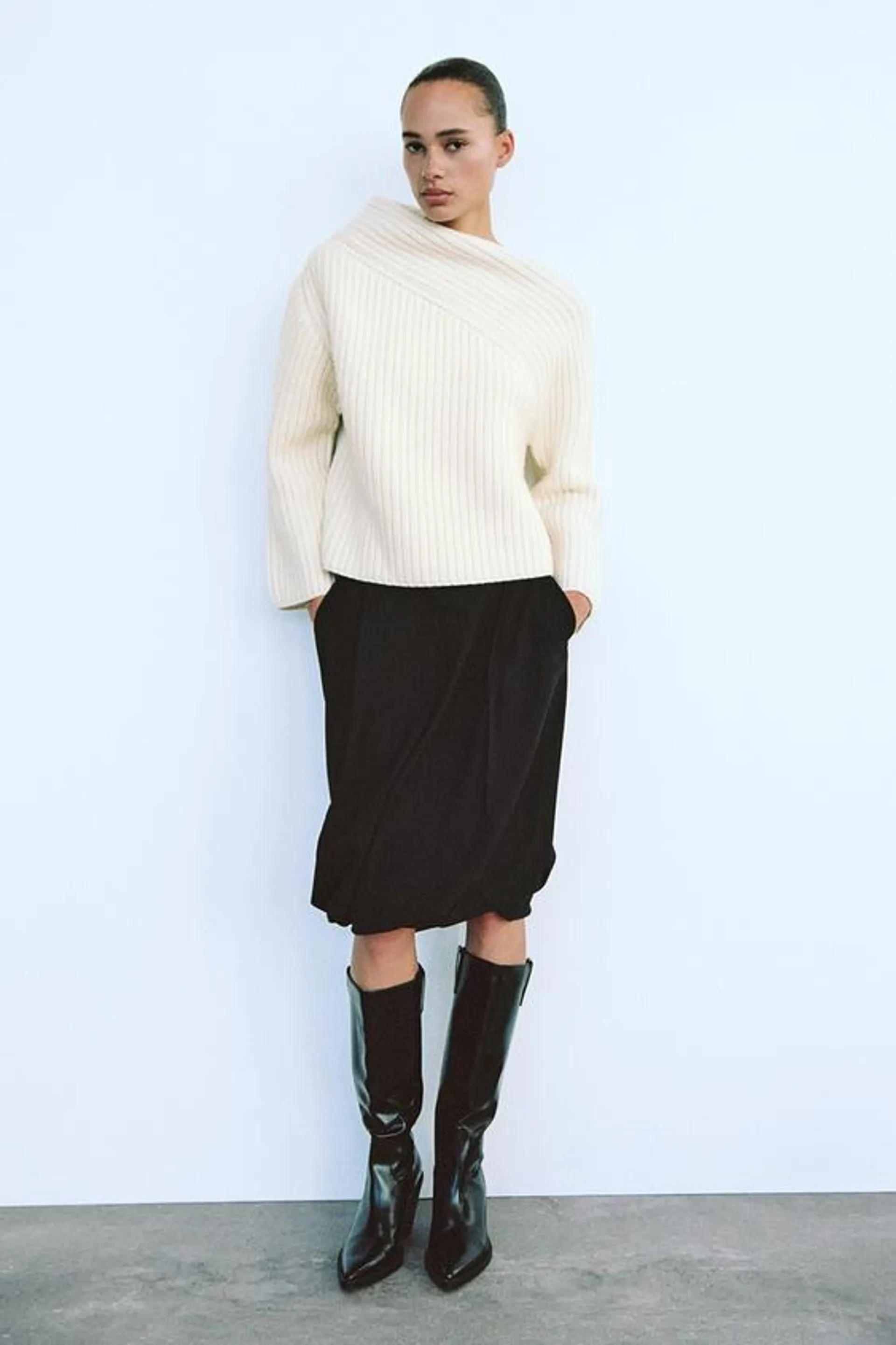 WOOL BLEND ASYMMETRIC NECKLINE SWEATER