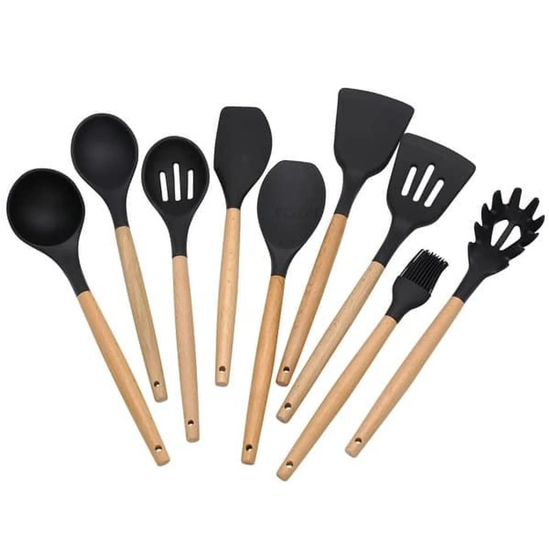 Elyon 9 Piece Colored Silicone with Wood Handles Kitchen Utensils Set - 9 Piece