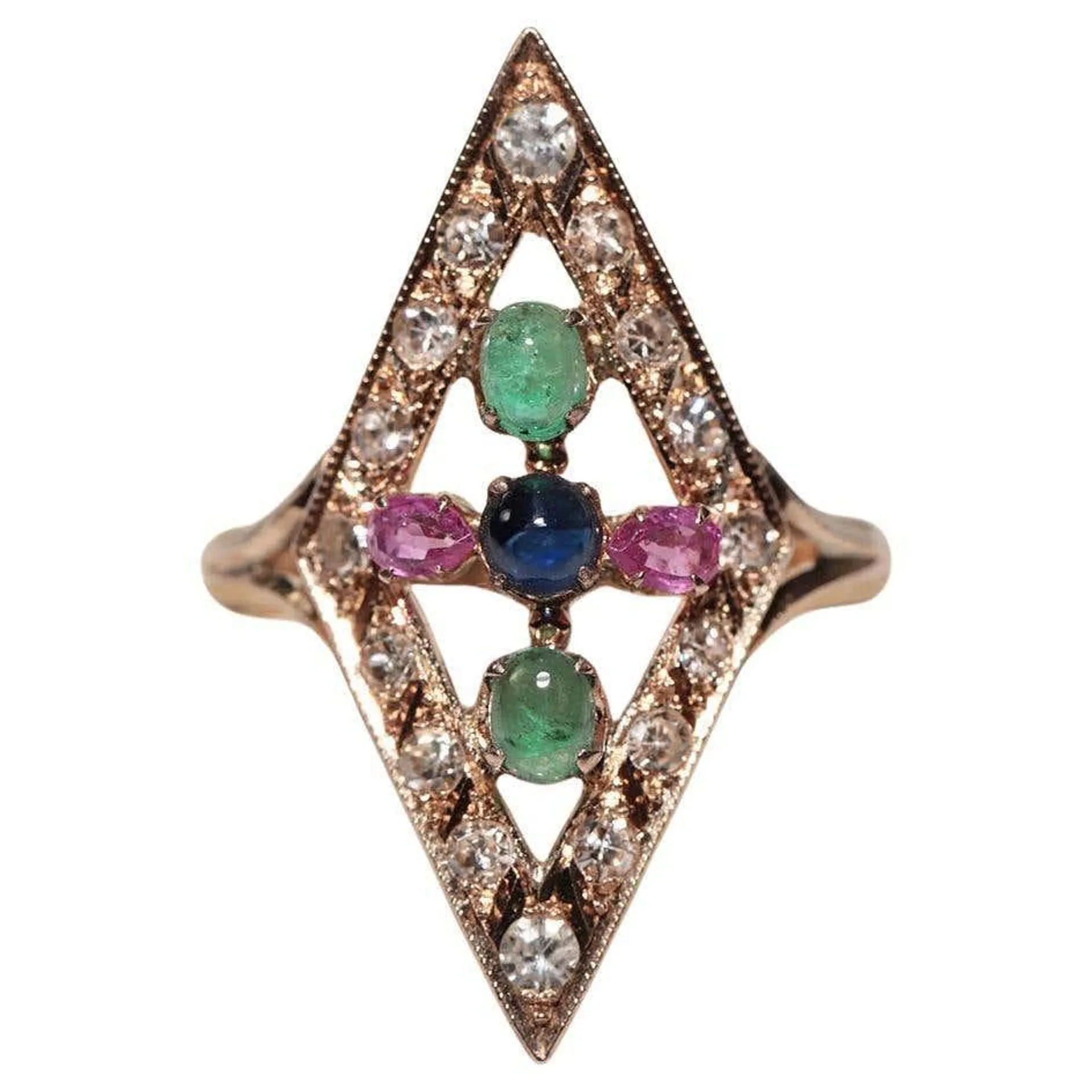 Vintage Circa 1980s 14k Gold Natural Diamond Emerald Ruby And Sapphire Ring