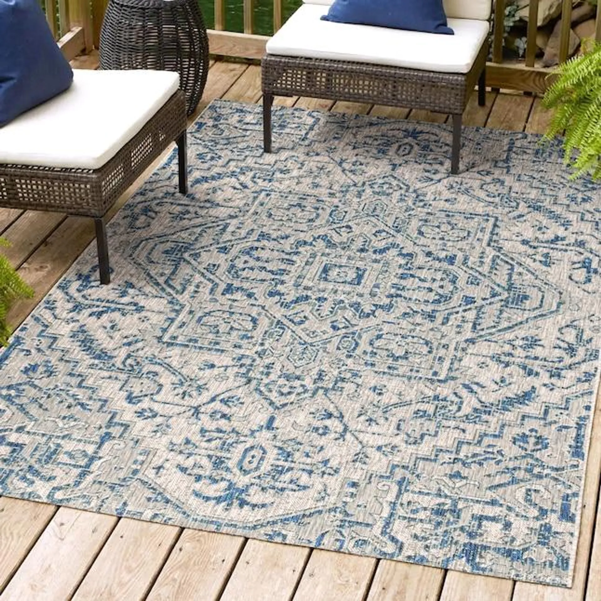 JONATHAN Y Santa Monica Estrella Textured Weave 8 X 10 (ft) Navy/Gray Indoor/Outdoor Border Coastal Area Rug