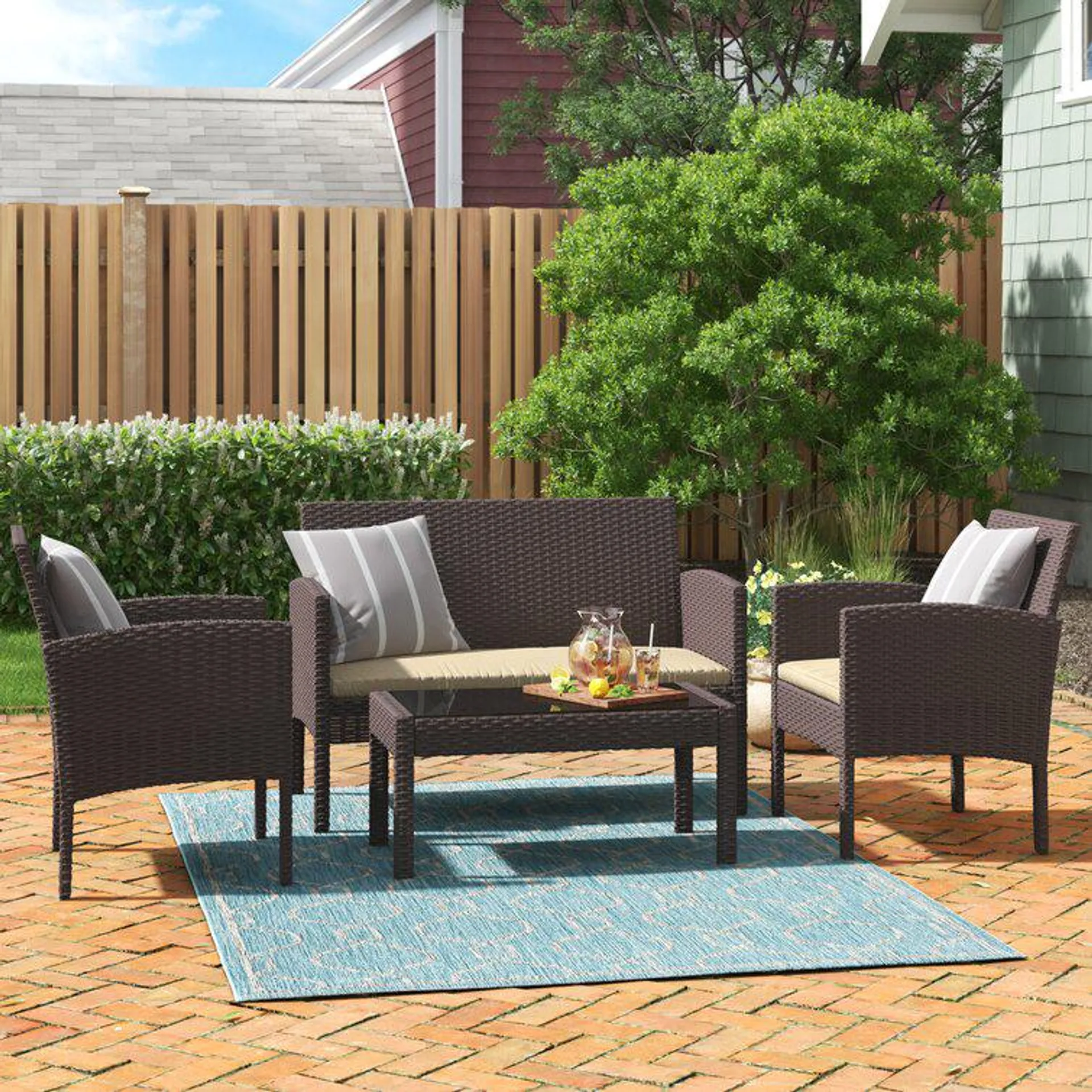 Knopf High-Density Polyethylene (HDPE) Wicker 4 - Person Seating Group with Cushions