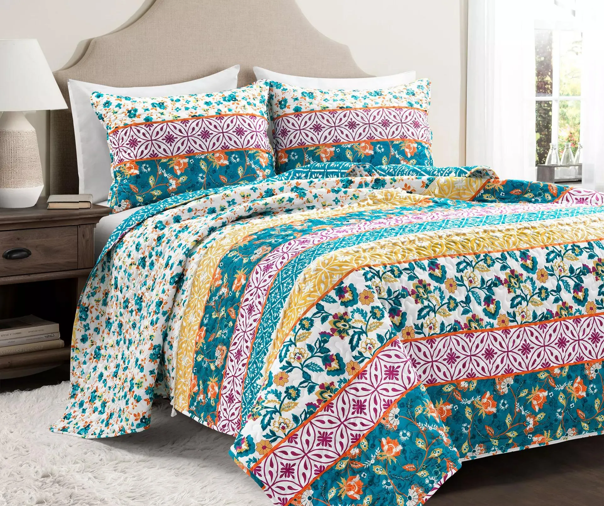 Emily Turquoise & Orange Boho Stripe Reversible Full/Queen 3-Piece Quilt Set