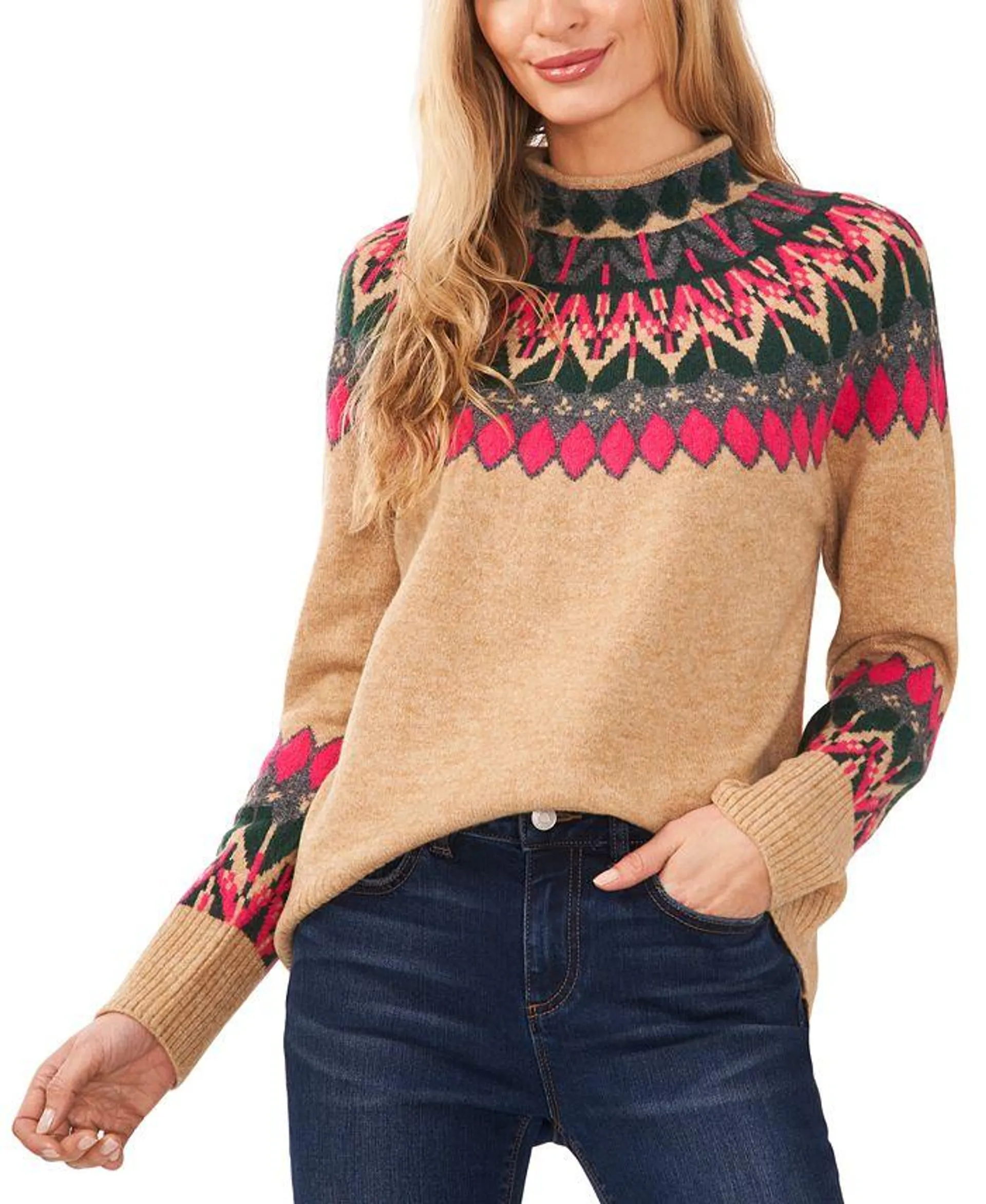 Women's Fair Isle Long Sleeve Mock Neck Sweater