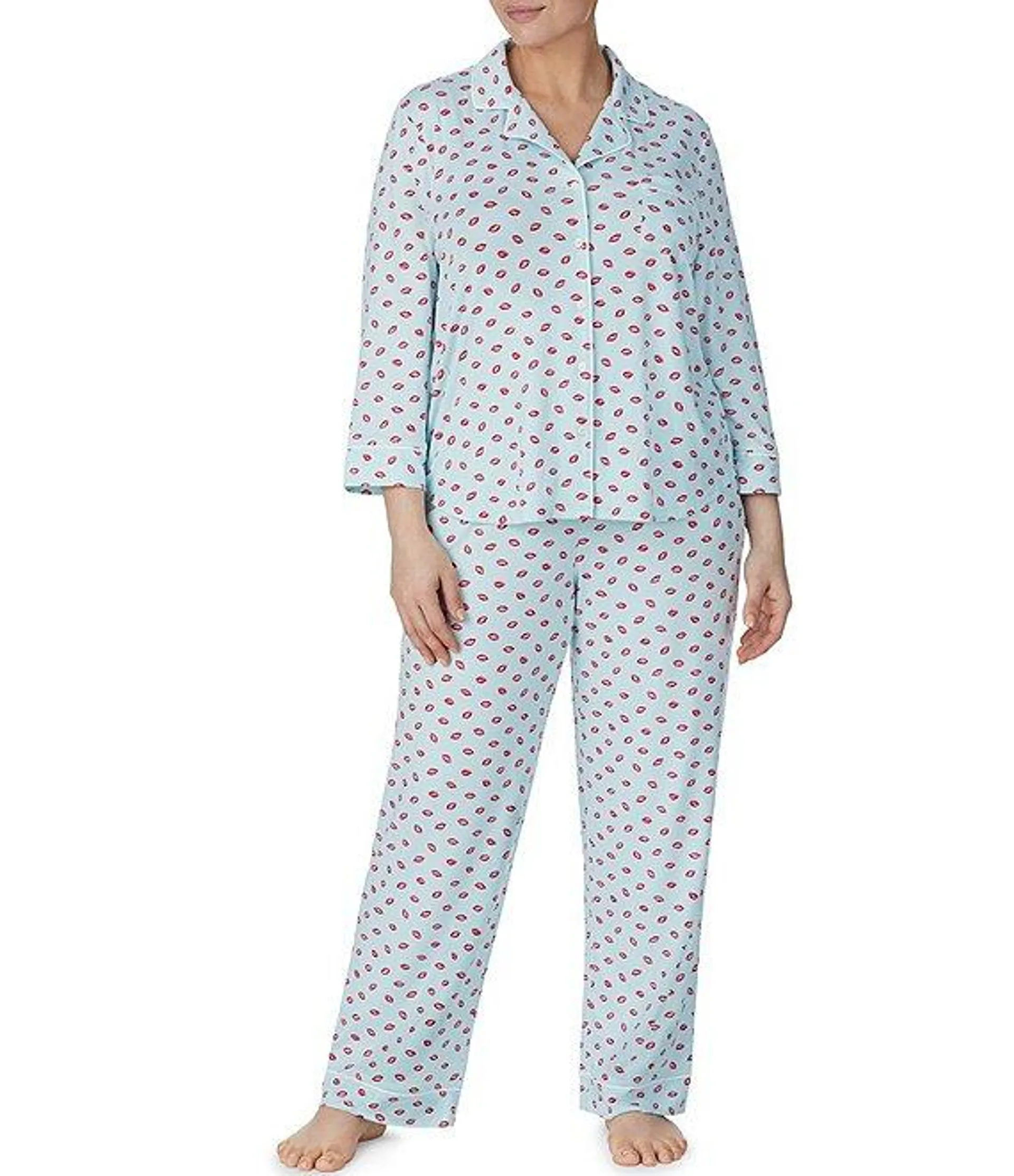 Plus Size Brushed Cozy Jersey Lip Print 3/4 Sleeve Notch Collar Full Length Pajama Set