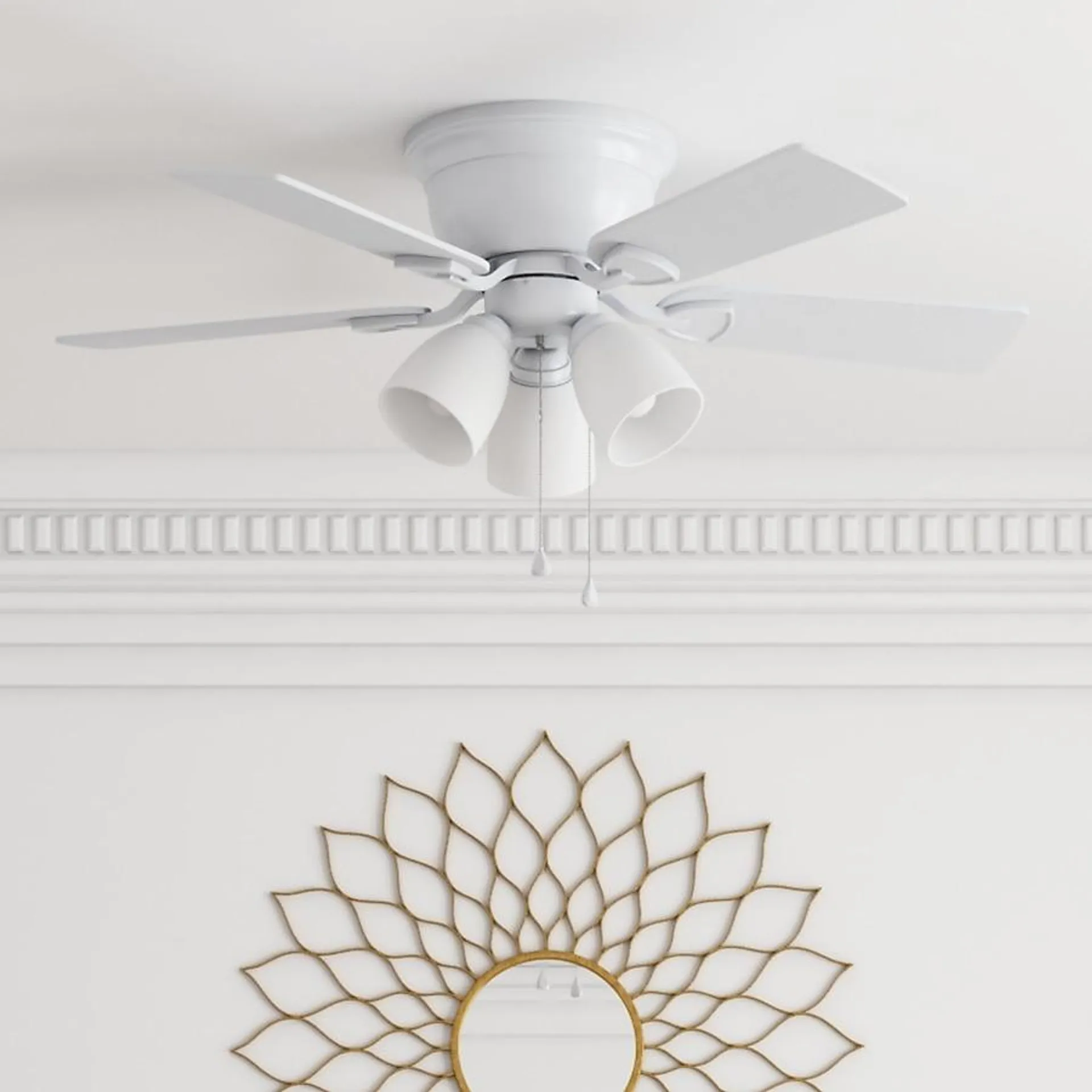 Harbor Breeze Centreville 42-in White with White/Blonde Blades LED Indoor Flush Mount Ceiling Fan with Light (5-Blade)