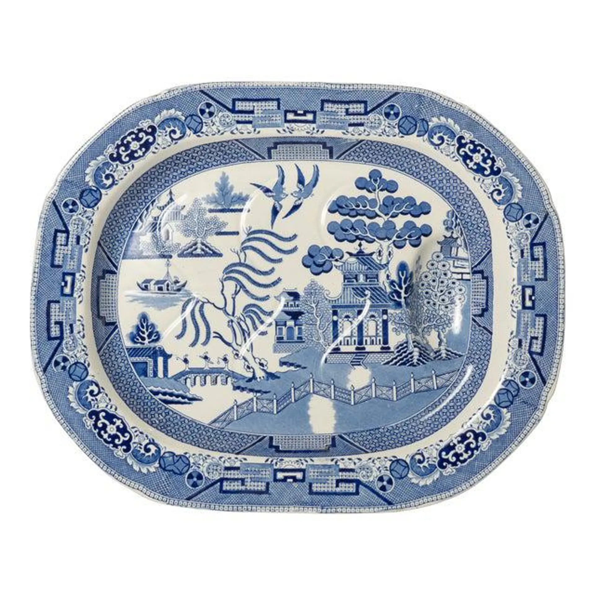 19th Century English Blue Willow Meat Platter